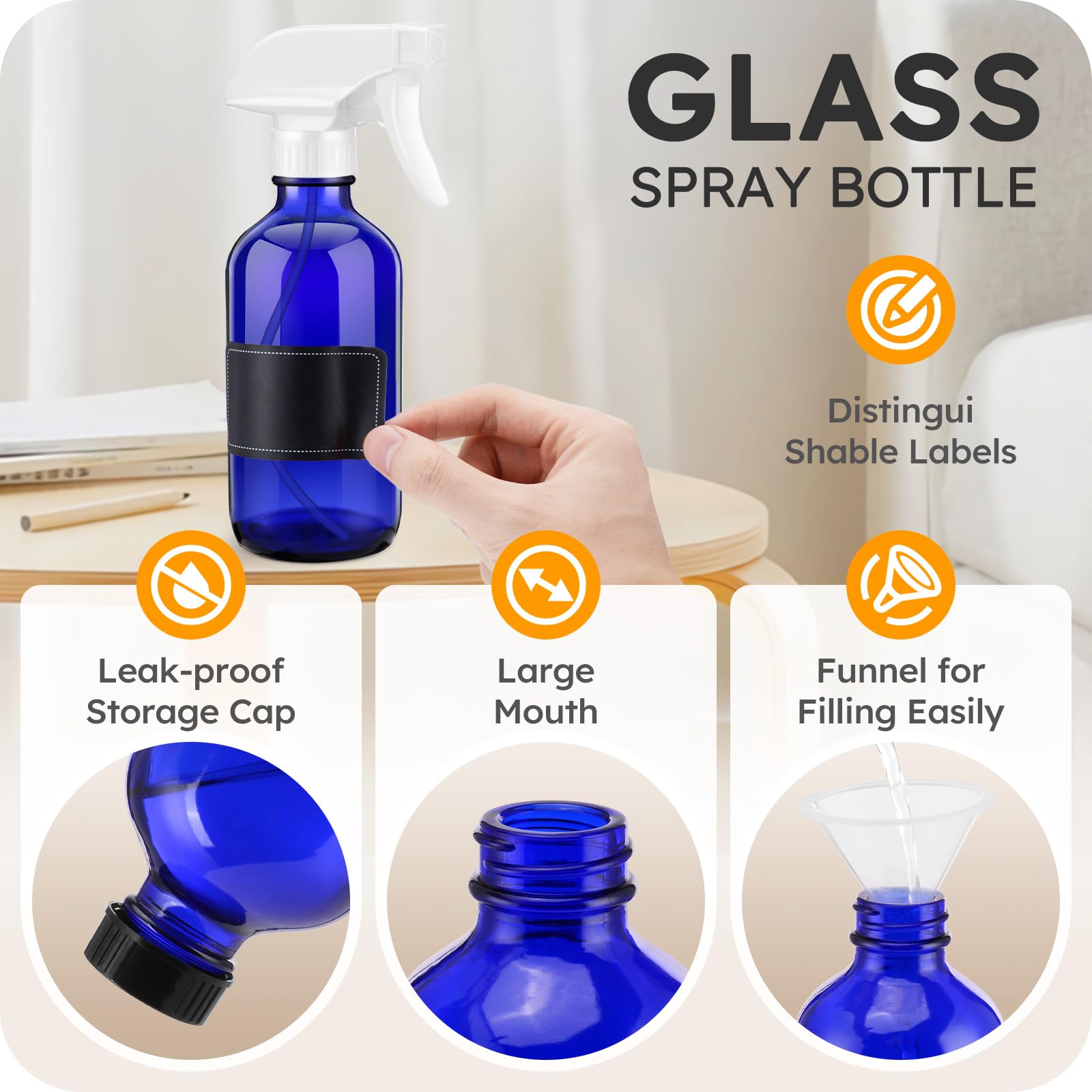 Tecohouse Glass Spray Bottle 8 Oz, Blue Small Empty Refillable Sprayer Container With Labels, Funnel, Lids, Graduated Pipettes -