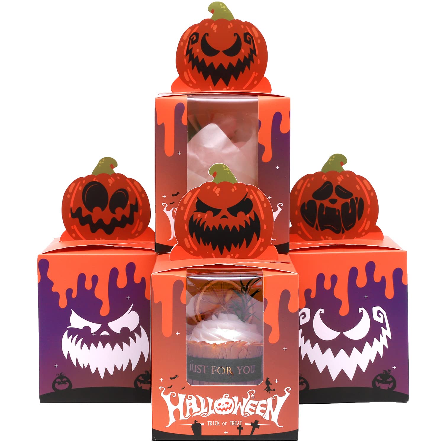 Qiqee Halloween Individual Cupcake Boxes Cupcake Holders Disposable 60Pcs Single Cupcake Boxes With Window 3.7'' 3.7''*4.5'' Cup
