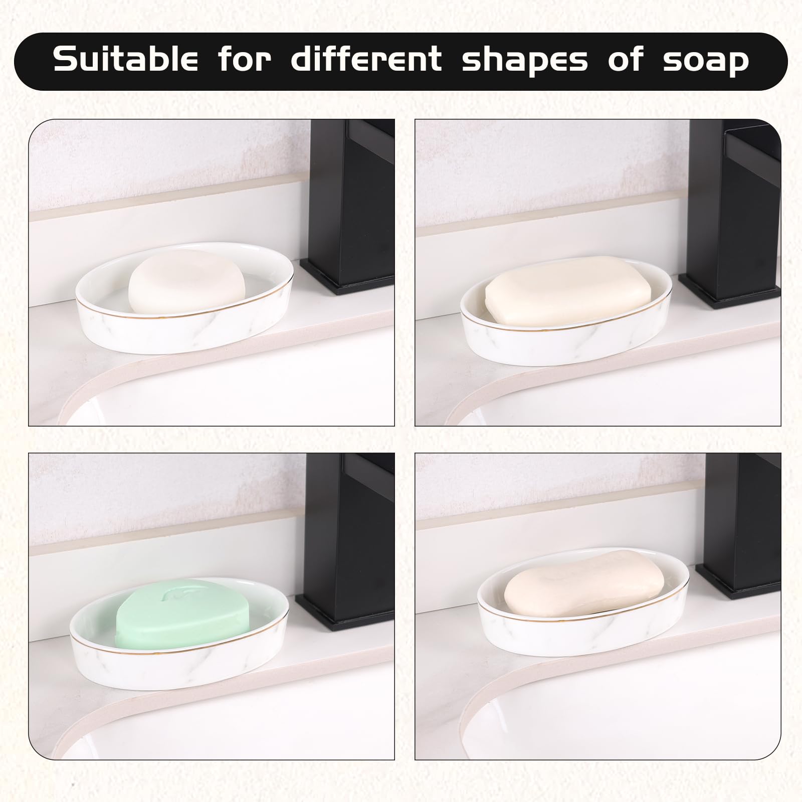 Soap Dish, Ceramic White Marble Soap Holder Soap Bar Holder, Oval Soap Dish For Shower Bathroom Kitchen Sink, Easy Clean, Antis'