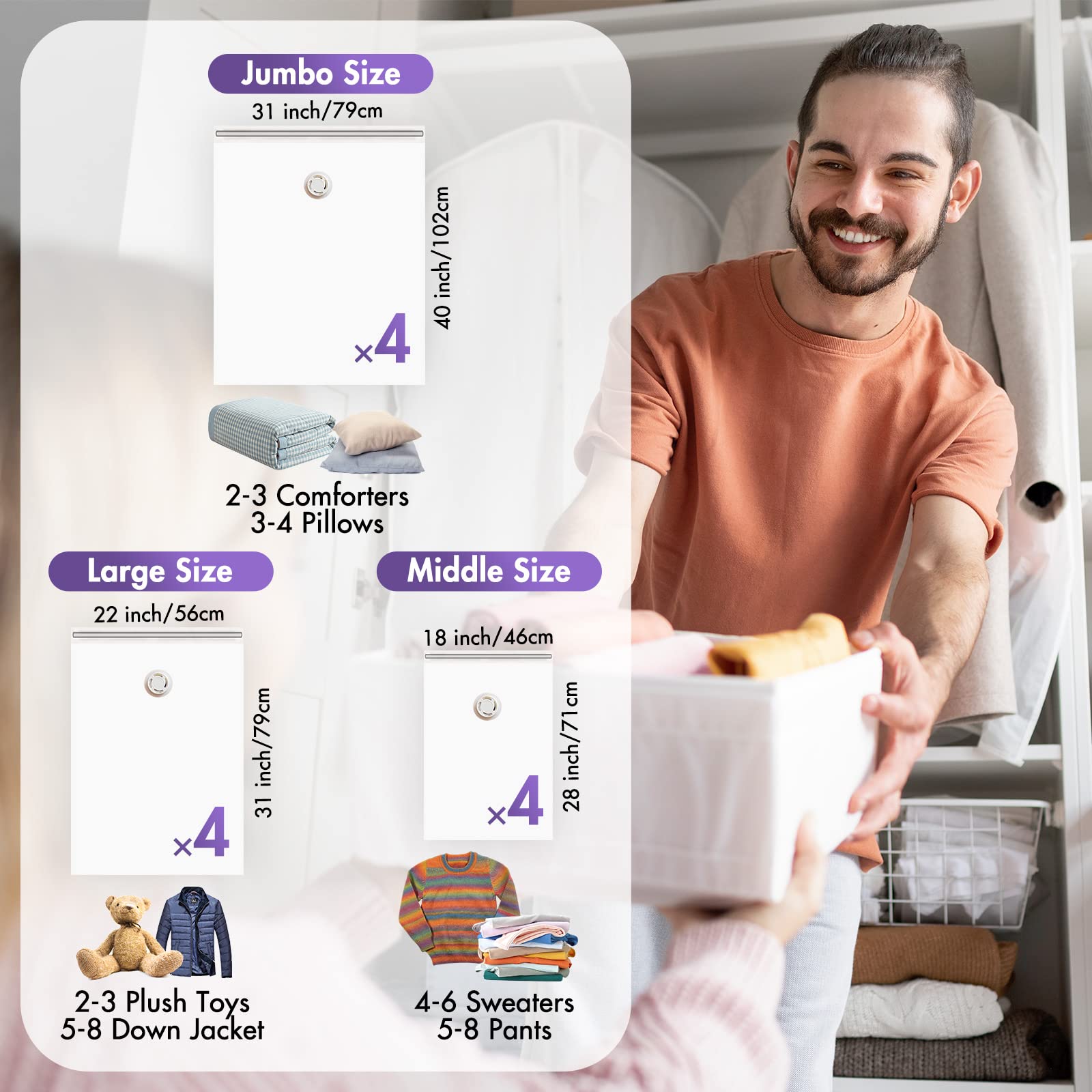 Taili 12 Pack Vacuum Storage Bags, Space Saver Bags Combo (4 Jumbo, 4 Large, 4 Medium), Storage Bags Vacuum Sealed For Clothes,