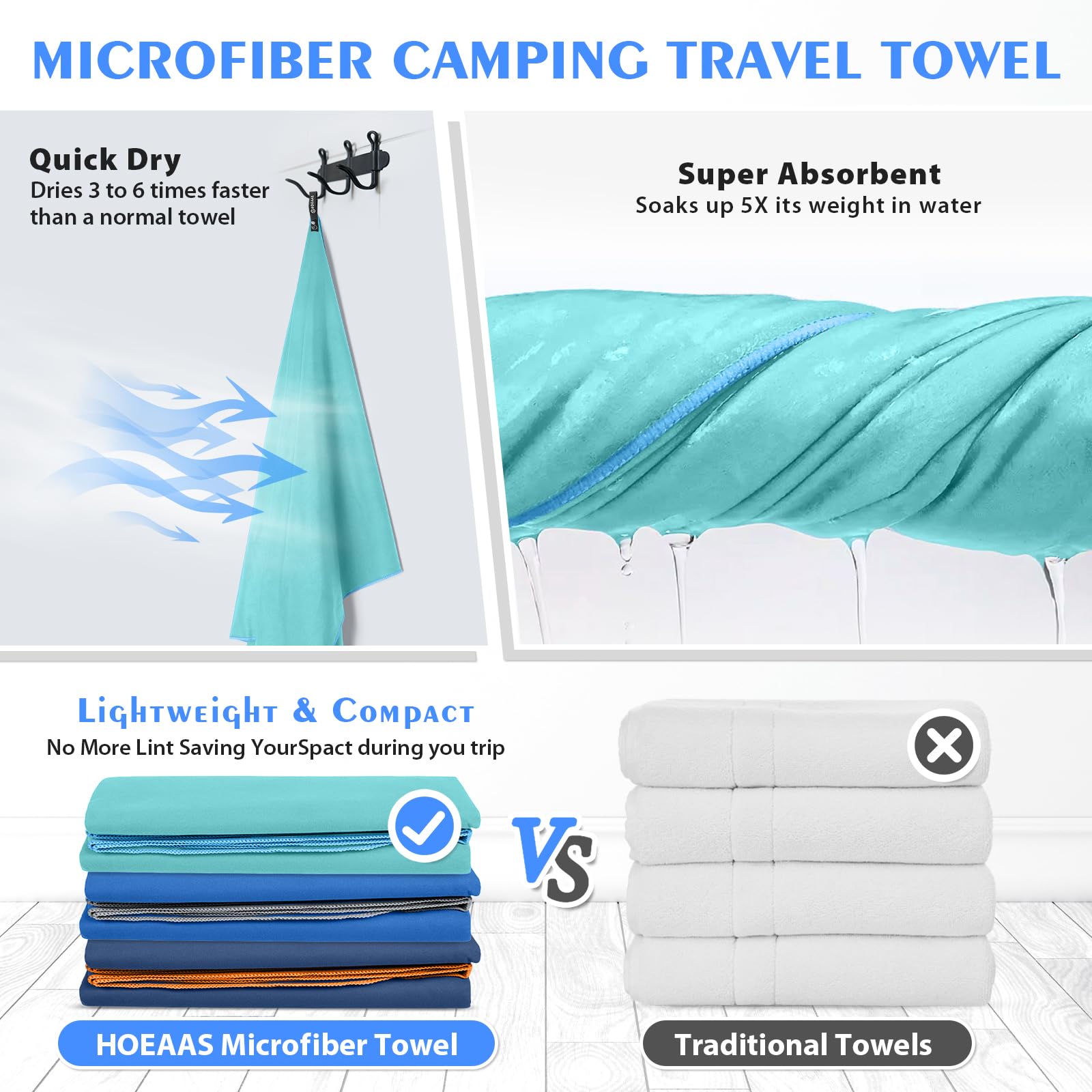 Hoeaas 2 Pack Microfiber Travel Towel, Quick Dry Towel Gym Towels Beach Towel Super Absorbent Compact Lightweight Camping Towel