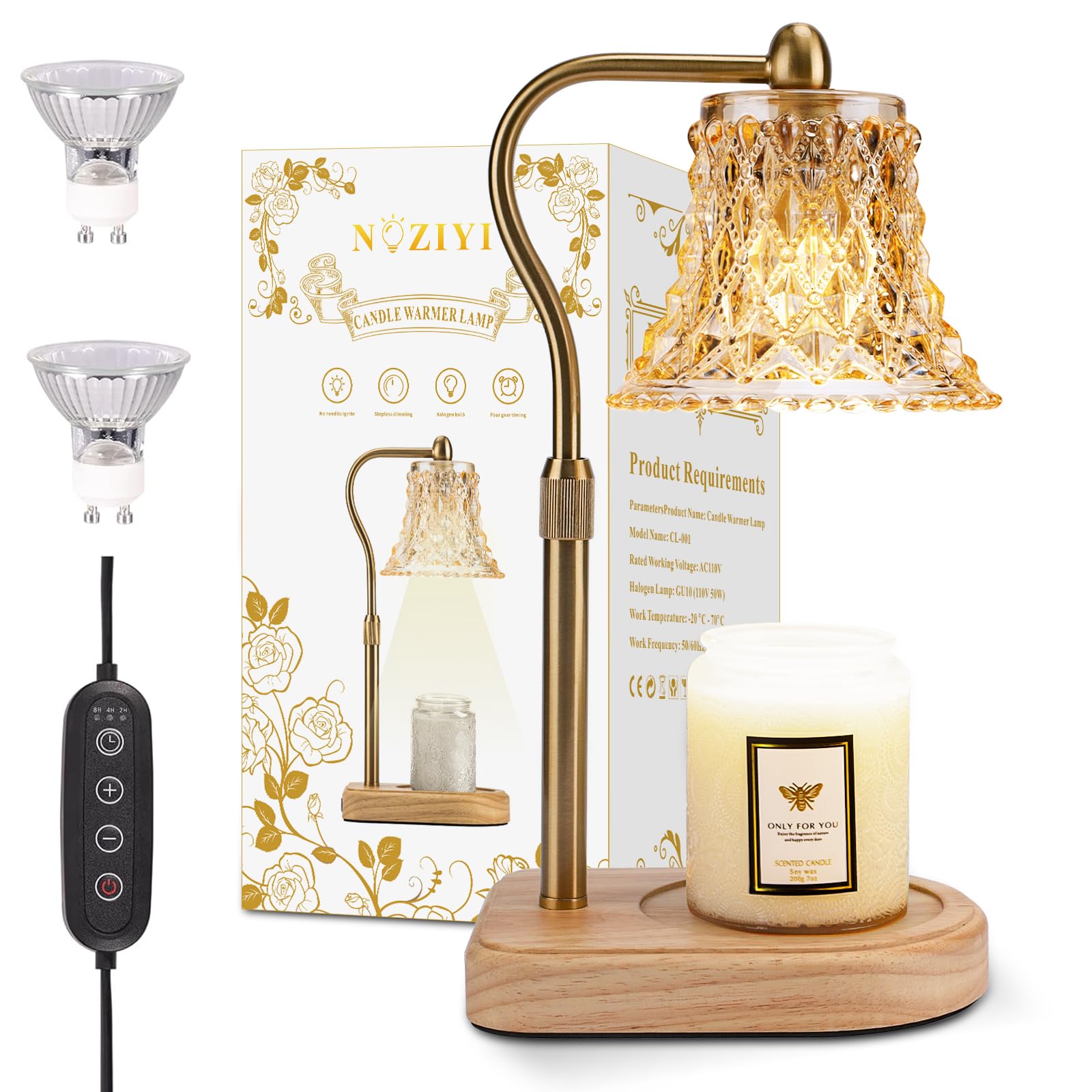 NIZIYI Candle Warmer Lamp with Timer, Candle Warmer Light with 2 Bulbs, 2/4/8H Timer Adjustable Height Candle Warming Lamp, Dimm