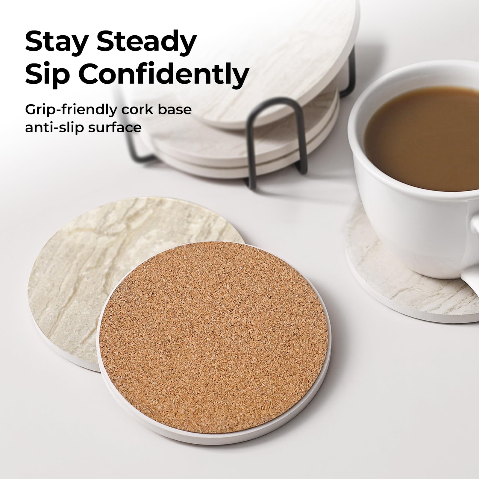 Lifver Coasters Set Of 6 Absorbent Drink Coasters With Holder, Marble Style Ceramic Thirstystone Coasters For Home Decor Coffee