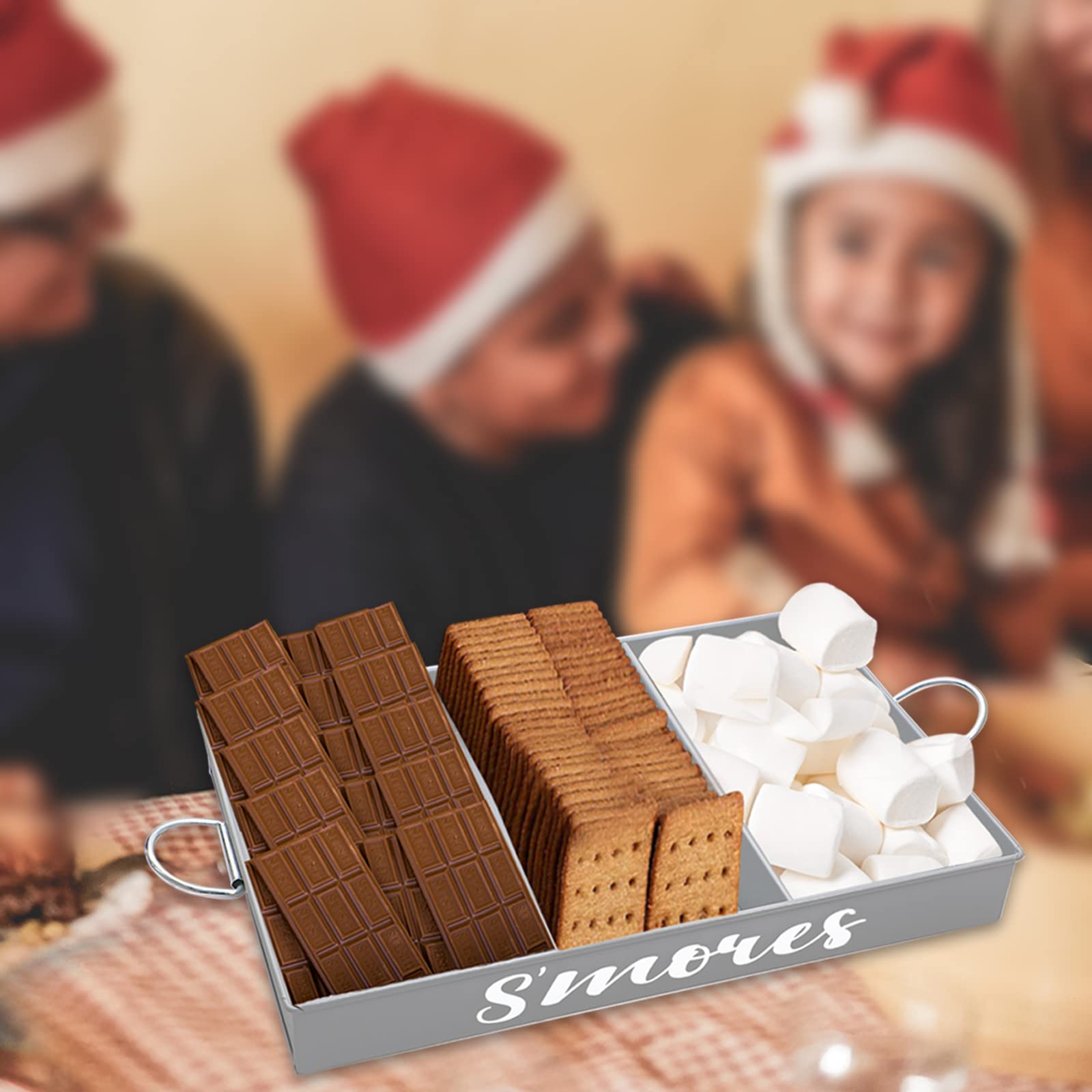Webake Smores Tray With Food Tongs, Grey S'Mores Station Farmhouse S'Mores Bar Holder With Handles Rectangle Divided Metal Servi