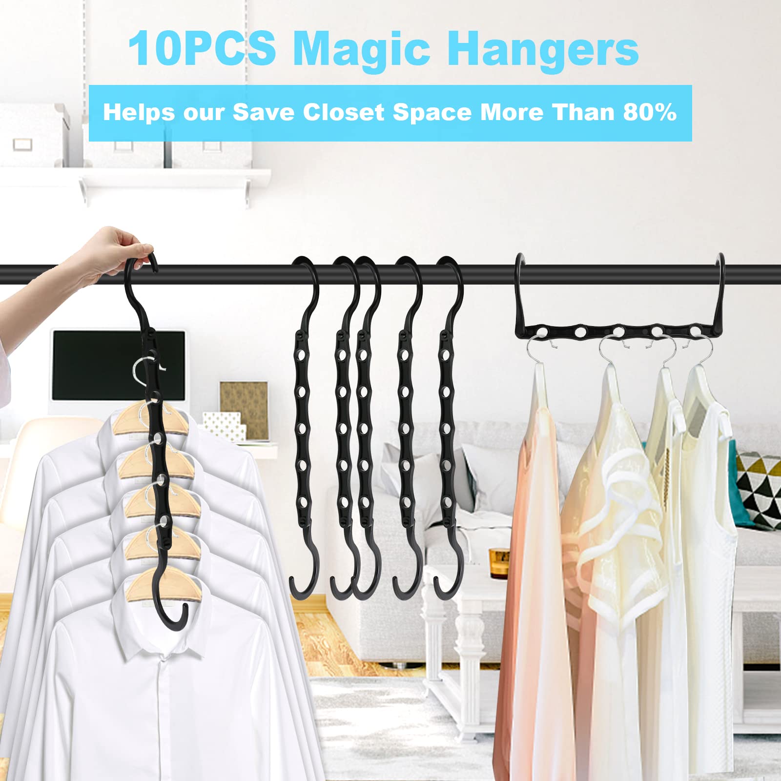 Space Saving Hangers  10PCS Magic Hangers  5 Holes Sturdy Plastic Clothes Closet Organizers and Storage  Space Saver Organization  College Dorm Room Essentials (Black)