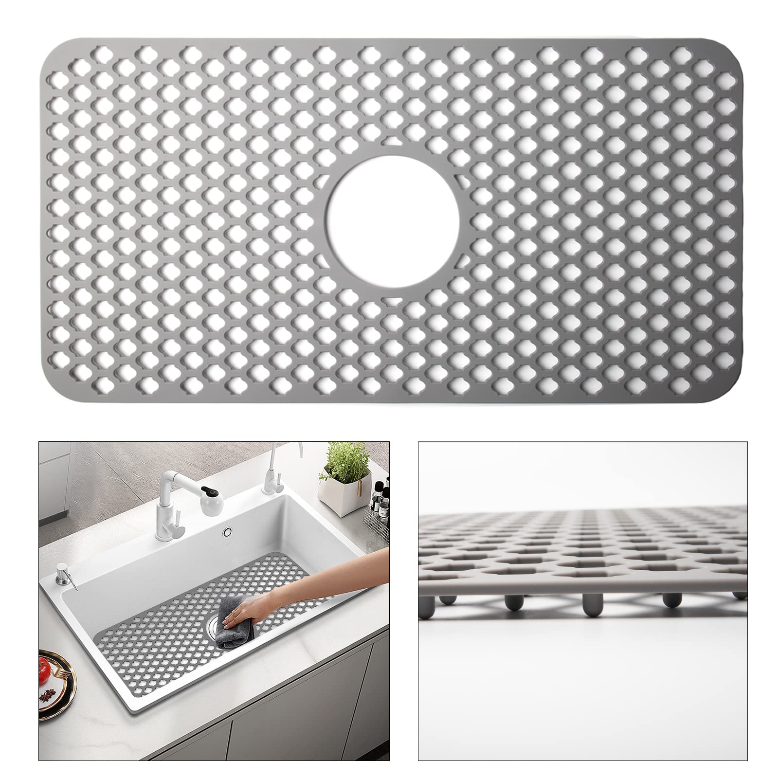Silicone Sink Mat, 24.6''X 12.9'' Kitchen Sink Protector Grid For Bottom Of Center Drain Sink, Twinnekyr Grey Non-Slip Heat Resi