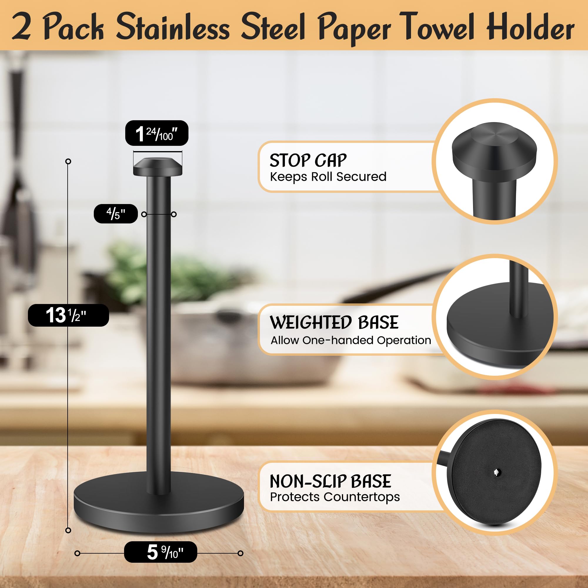 Aosion 2 Pack Paper Towel Holder, Stainless Steel Paper Towel Holder Countertop,Paper Towel Stand For Kitchen, Bedroom, Bathroom
