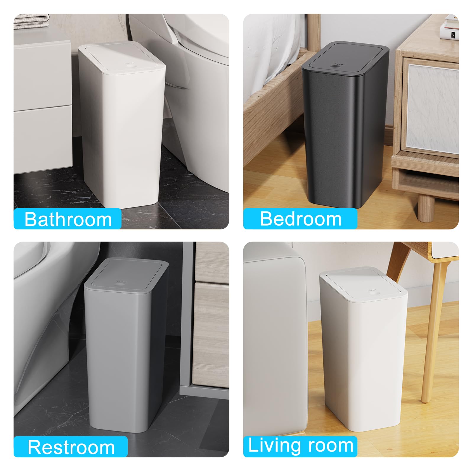 N. Netdot 3 Pack 10L/2.6 Gal Bathroom Trash Can With Lid, Bathroom Trash Bin With Press Lid, Small Trash Can/Slim Garbage Cans/W