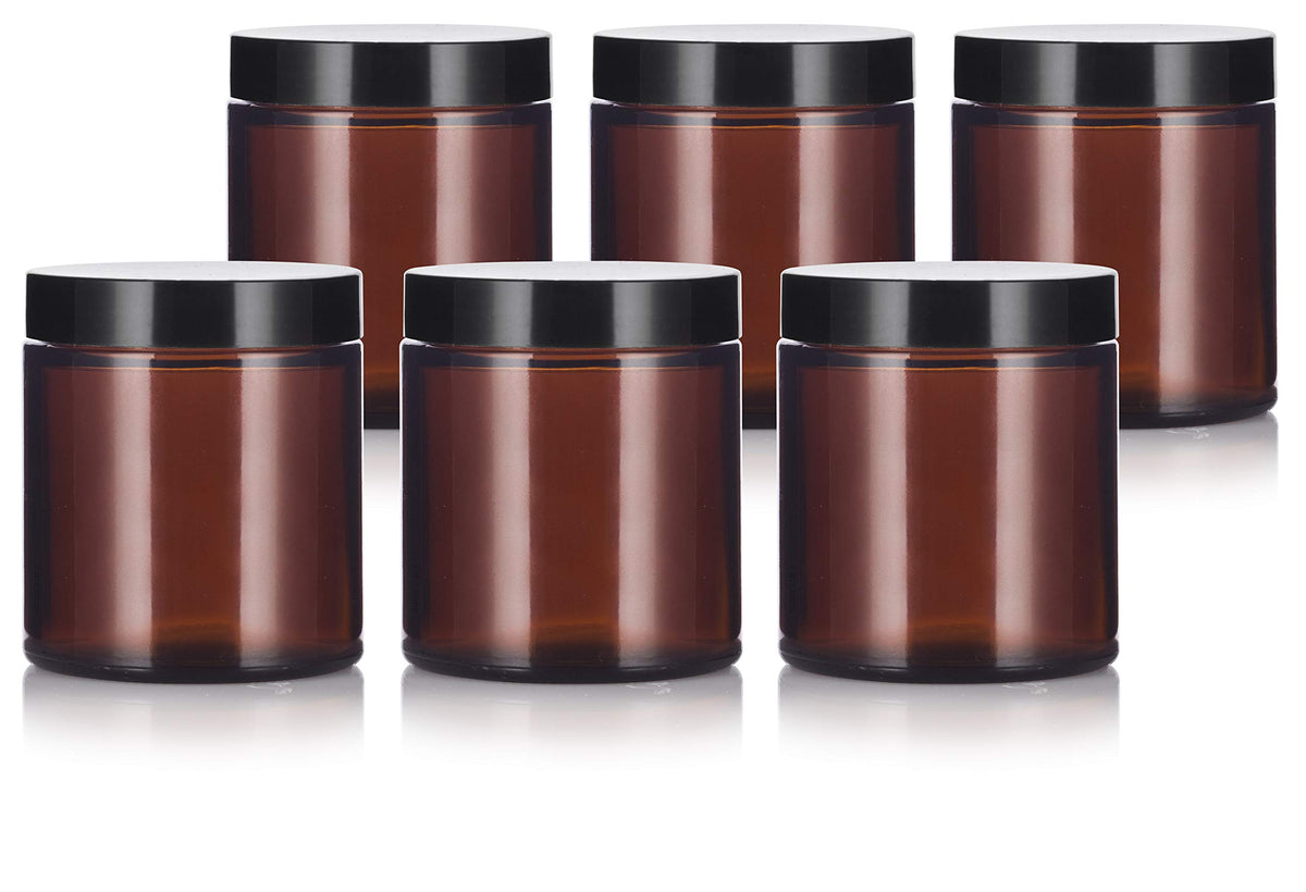 Amber Glass Straight Sided Empty Jar With Black Smooth Lid - 4 Oz / 120 Ml (6 Pack, Black Smooth Lid)