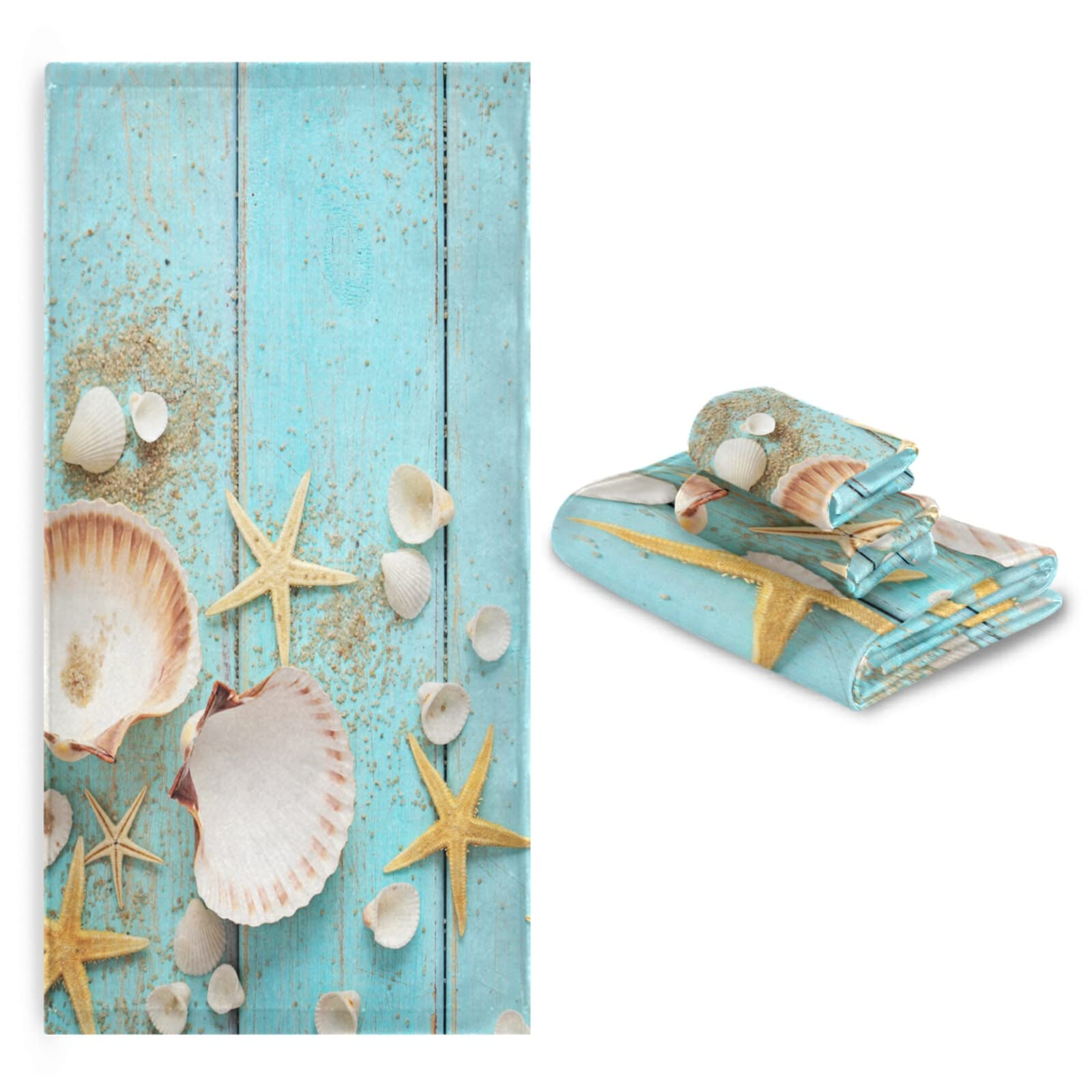 Shells Starfish On Sea Shore Bath Towel Set 3 Ultra Soft Fast Dry Summer Sea Face Towel Absorbent Bathroom Towel Set Shower Hand