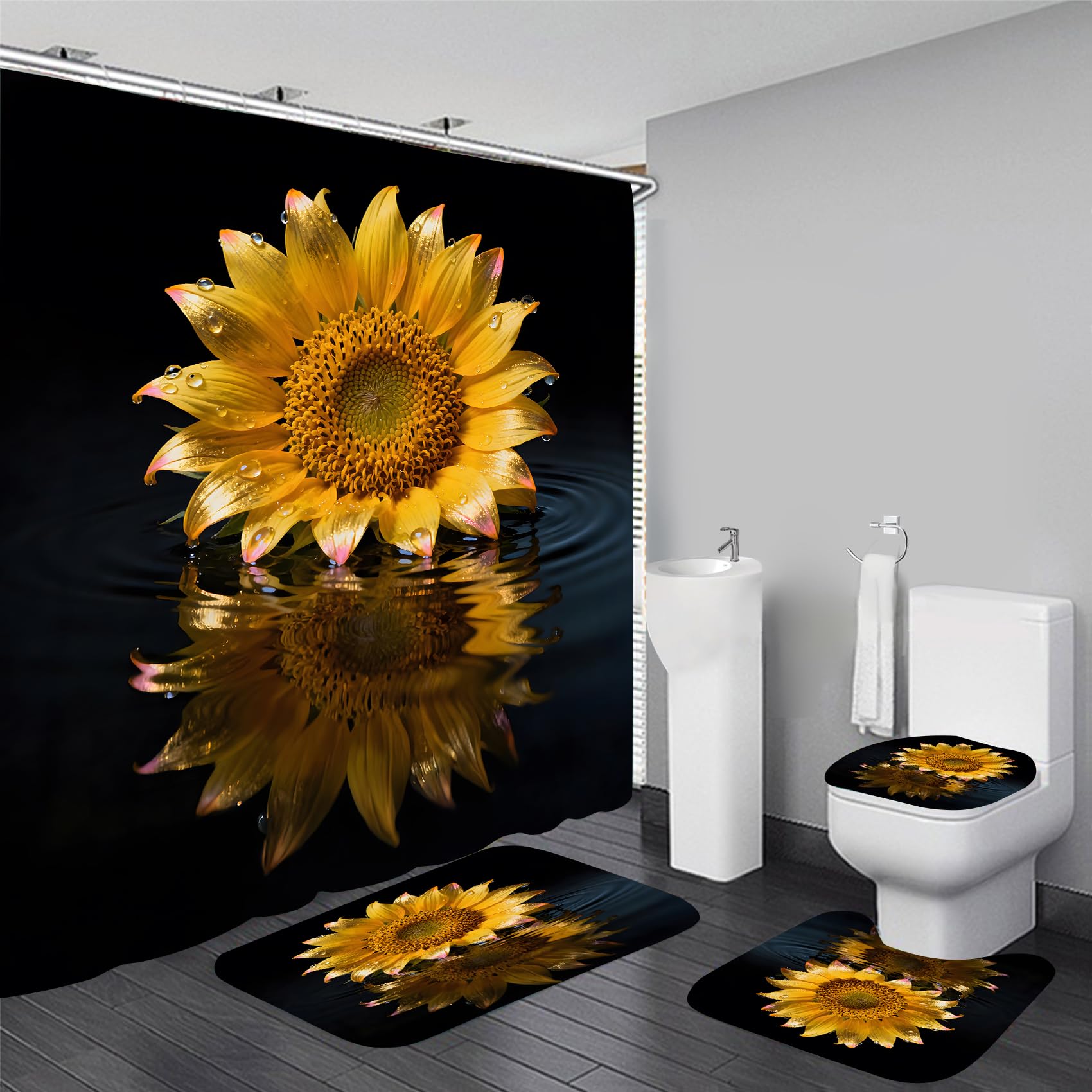Azhm Sunflower Shower Curtains For Bathroom 4 Piece Flower Floral Shower Curtain Set Sunflowers Reflected In The Water Bathroom 