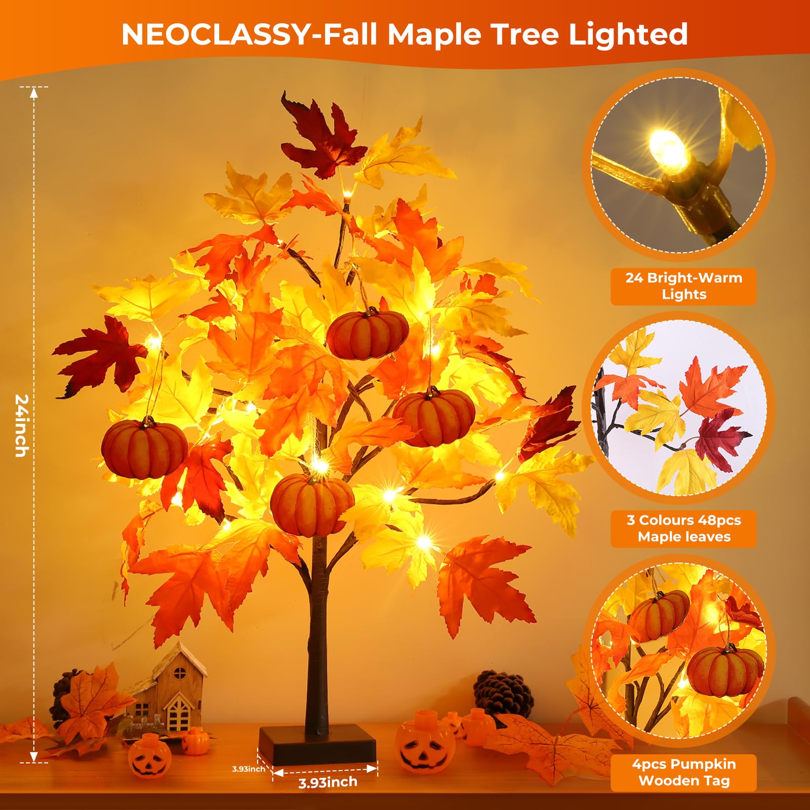 Fall D  cor 2 Pack 24 Inch Fall Maple Tree with 48 LEDs Battery Operated Fall Lights with 8 PCS Pumpkin Wooden Hanging Ornaments