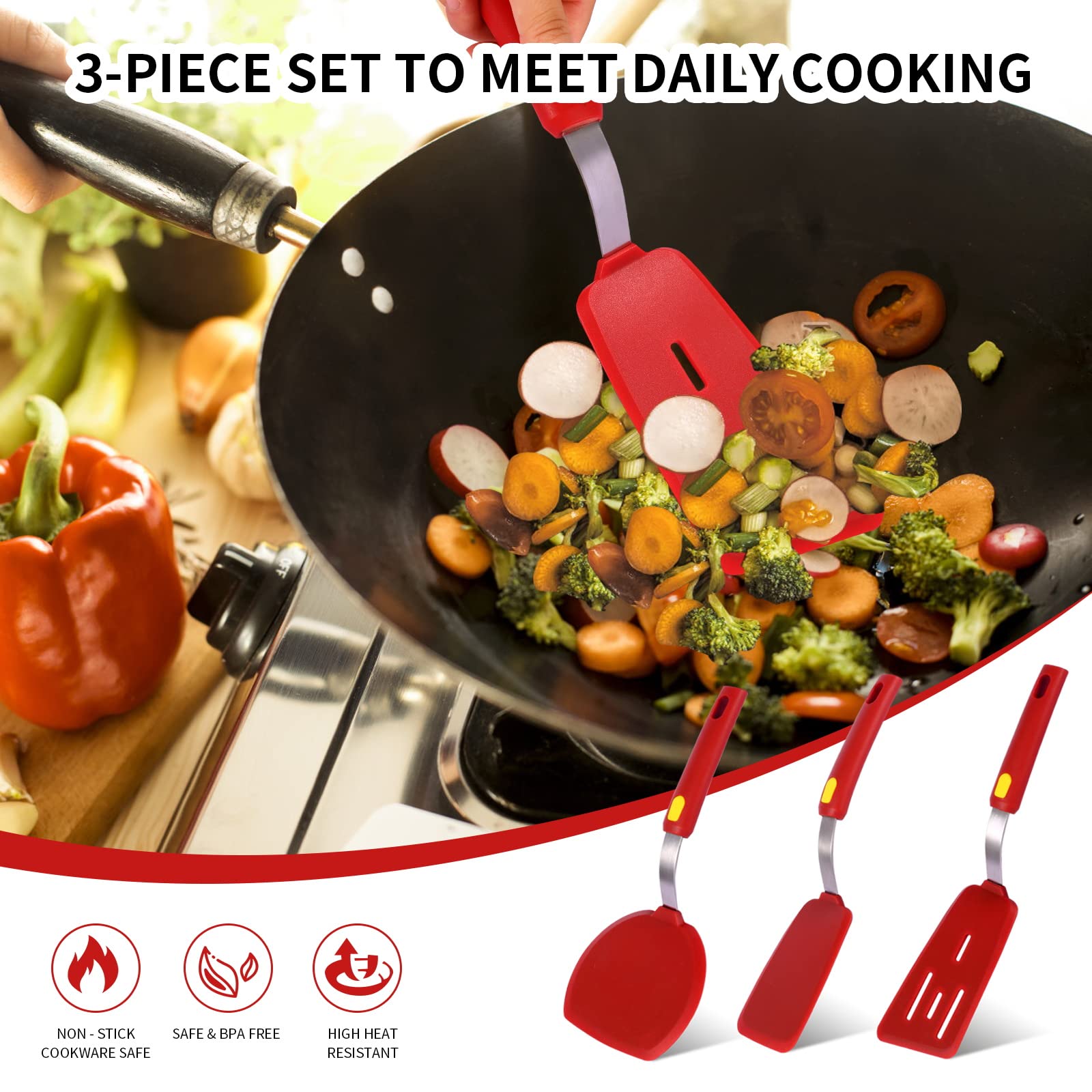 Hvanam Silicone Spatula Turner Heat Resistant 600F 3 Piece Set Non Scratch Flexible Slotted And Solid Thin Rubber Spatula Flippe