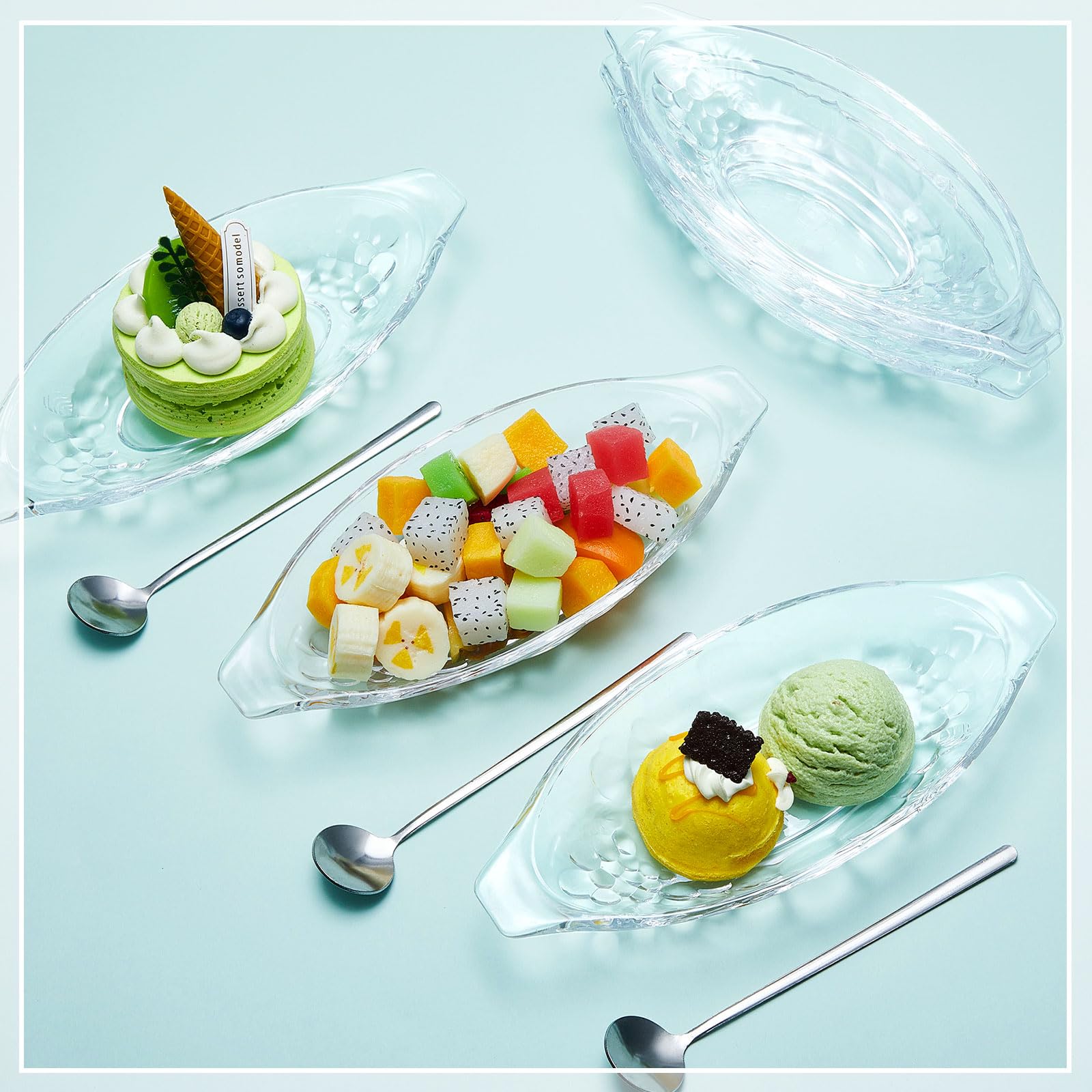 Mumufy Acrylic Banana Split Bowls Set with Stainless Steel Spoons, Clear, 6 Pcs, 6.3 oz, Ideal for Ice Cream, Fruits, and Sundaes