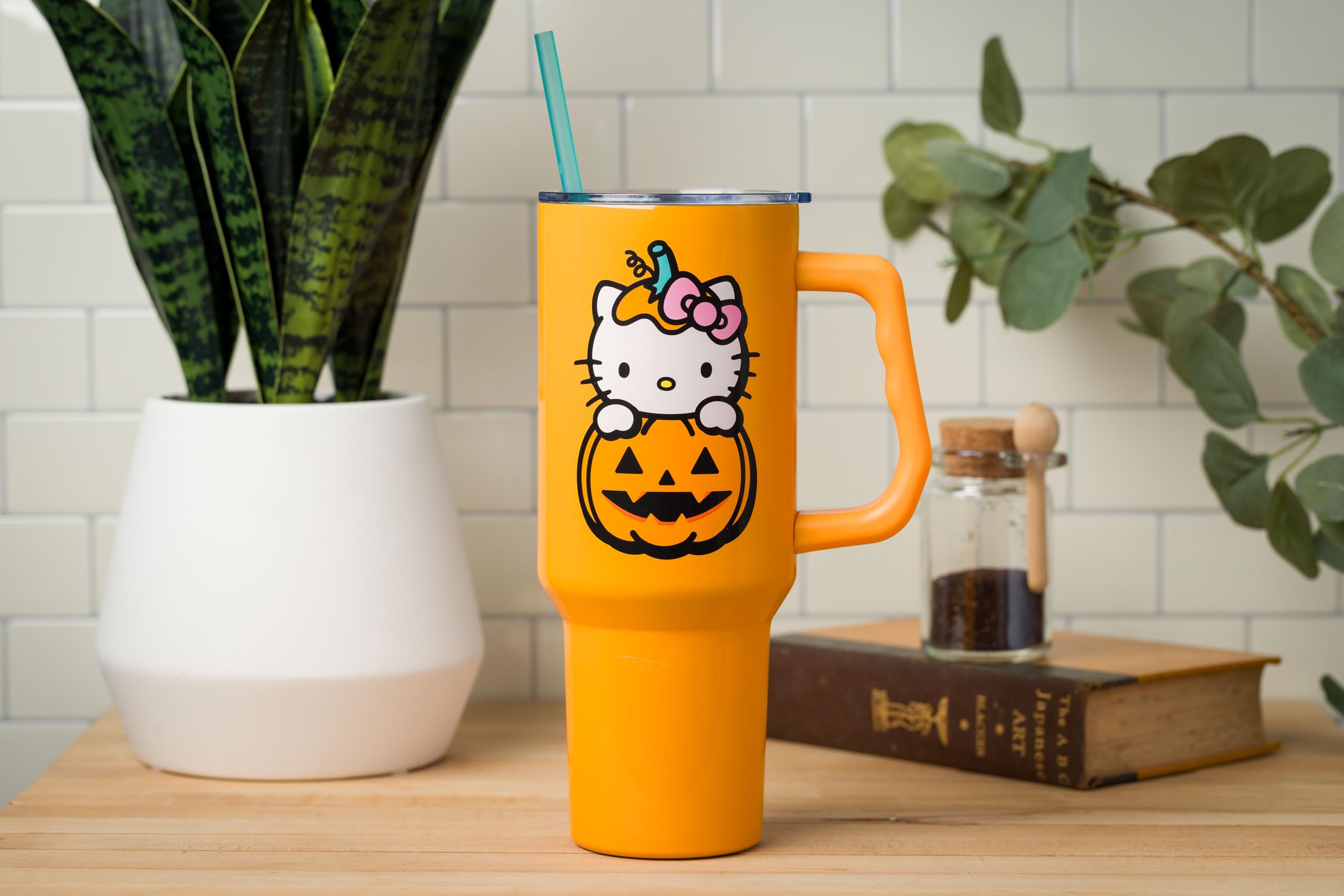Silver Buffalo Sanrio Hello Kitty Halloween Jack-O-Lantern Stainless Steel Tumbler With Handle And Straw, Fits In Standard Cup H