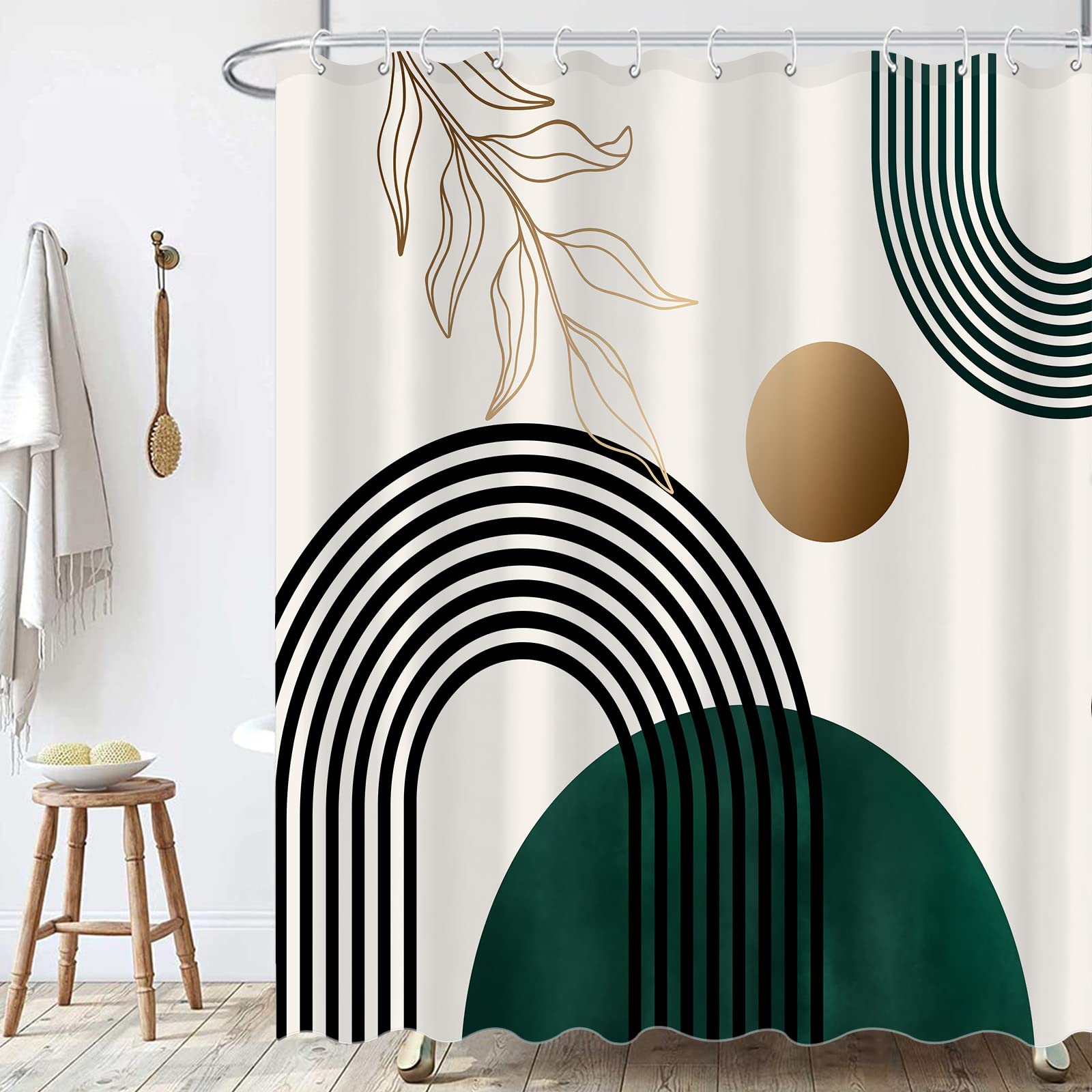 Aipon Green Mid Century Shower Curtain For Bathroom Abstract Boho Shower Curtain Modern Fabric Waterproof Shower Curtains For Ba
