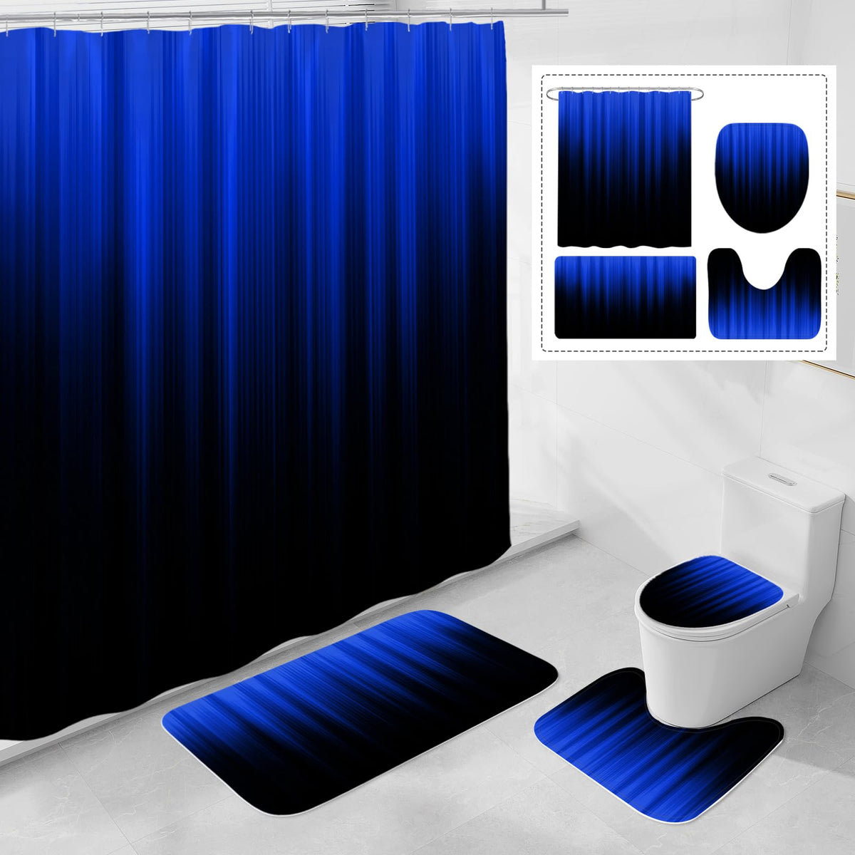 Litabel 4 Pcs Royal Blue And Black Gradient Shower Curtain Set With Rugs And Toilet Lid Cover, Modern Simple Waterproof Fabric B