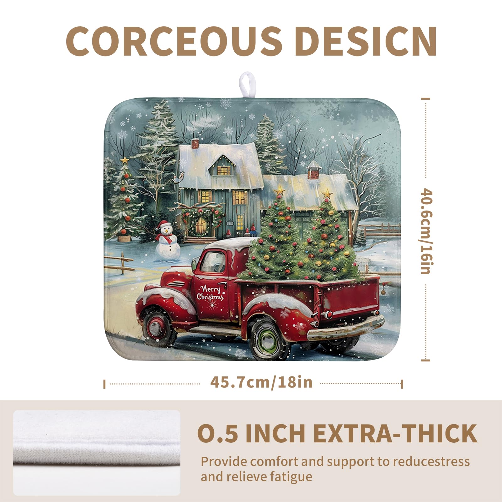 Vintage Snowman Christmas Kitchen Drying Mats - Red & Green Xmas Tree Pattern - Absorbent Microfiber Dish Rack Pads - 16x18 - Me