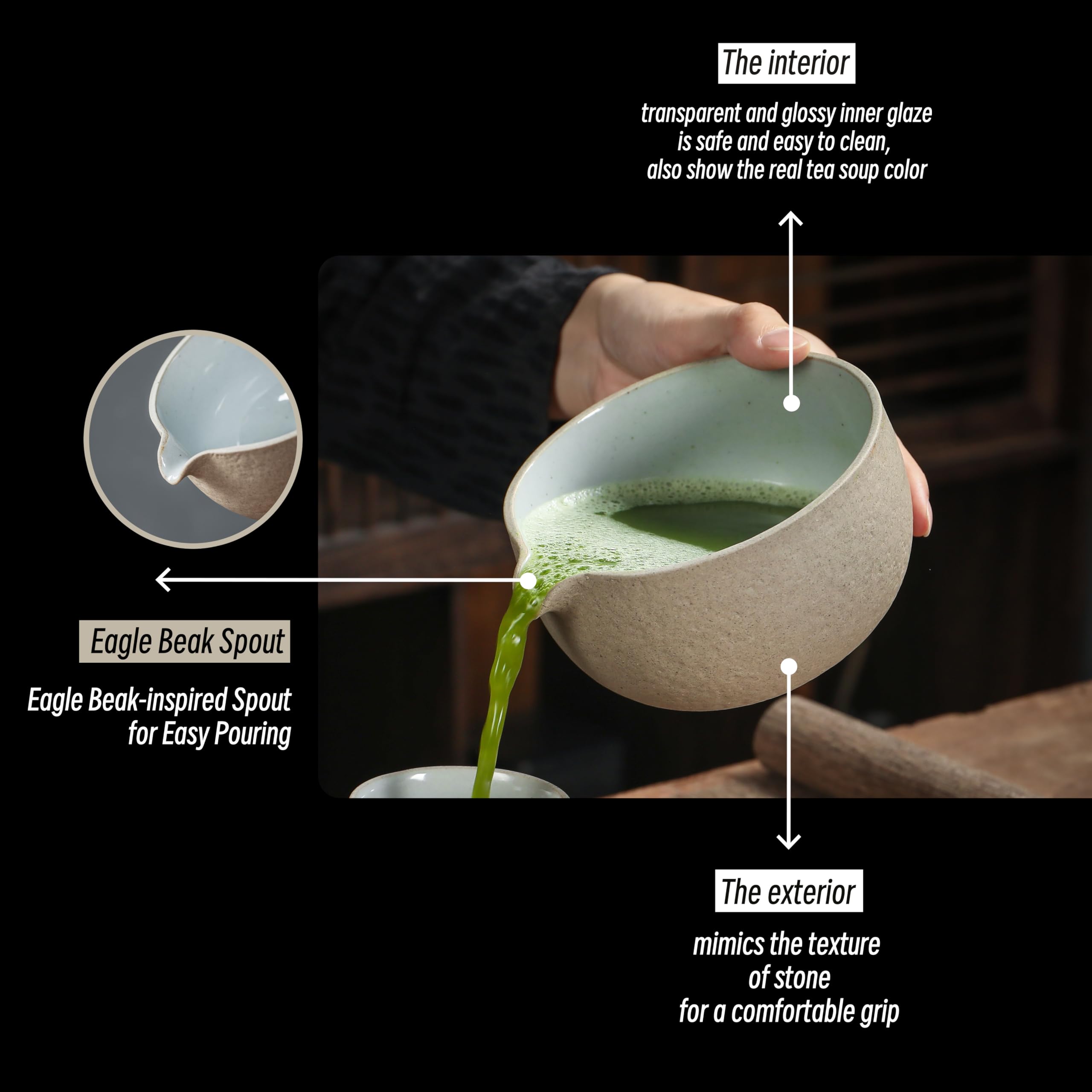 Teanagoo Japanese Natural Rock Texture Matcha Bowl (Pouring Spout) With Whisk Holder, 18 Oz, K12, Dk.Grey, Chawan Matcha Tea Bow