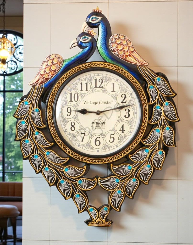 Vintage Clock Large Peacock Pine Wood Clock