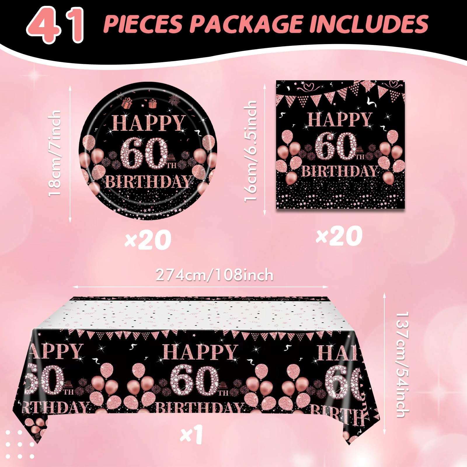41Pcs 60Th Birthday Decorations For Women, Vintage 60 Birthday Black And Rose Gold Disposable Paper Plates And Napkins Party Sup