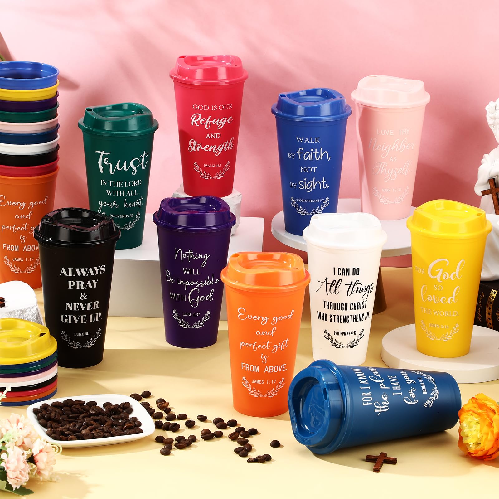 Skylety 60 Pack Christian Gifts for Men Women 16oz Reusable Bible Verse Tumbler Bulk Plastic Coffee Cups with Lids Inspirational