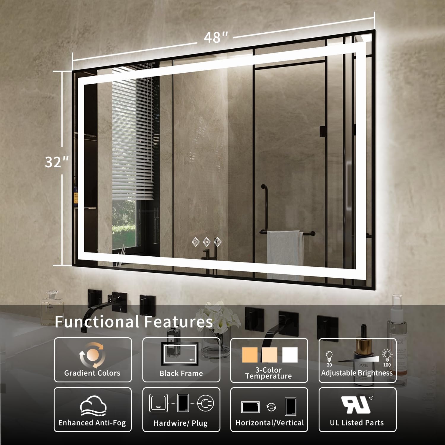 Vanpokins Led Bathroom Mirror, 48X32 Inch Black Framed Gradient Front And Backlit Lighted Bathroom Mirror, 3 Colors Dimmable Cri