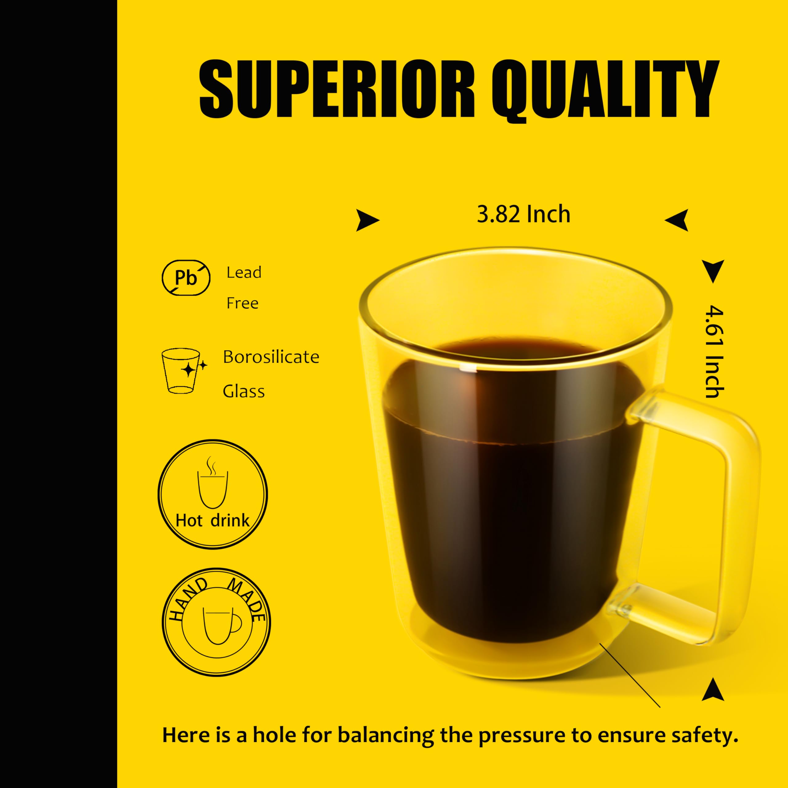 Punpun 16Oz.480Ml Coffee Glass Mugs Large Coffee Mugs, Coffee Cups Jumbo Mugs Double Wall Insulated Glass Mugs, Premium Glasses