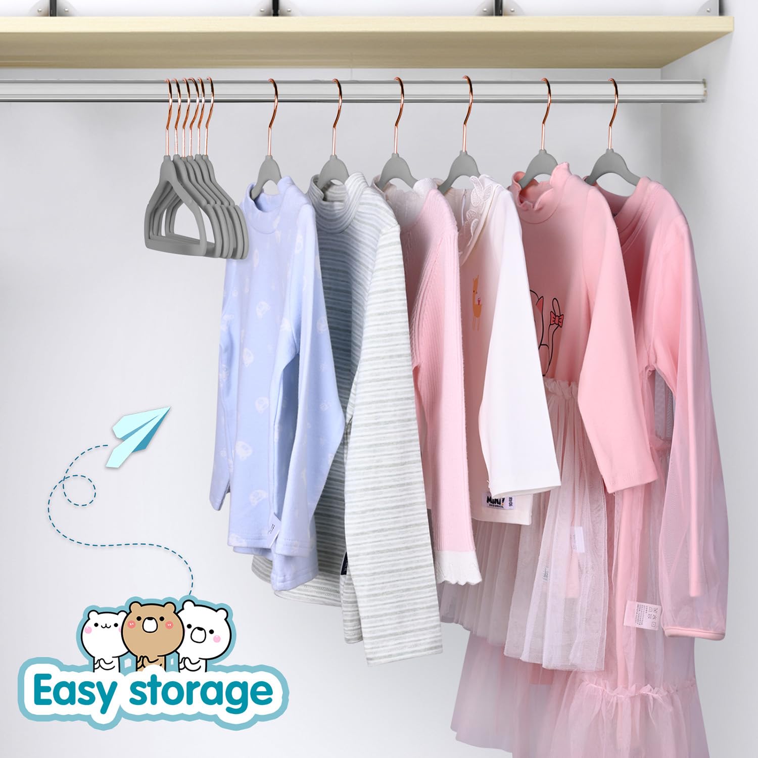 Bagail Kids Velvet Hangers 14 Inches Children'S Clothes Hangers Non-Slip Baby Hangers For Infant/Toddler (Grey/Rose Gold, 50Pack