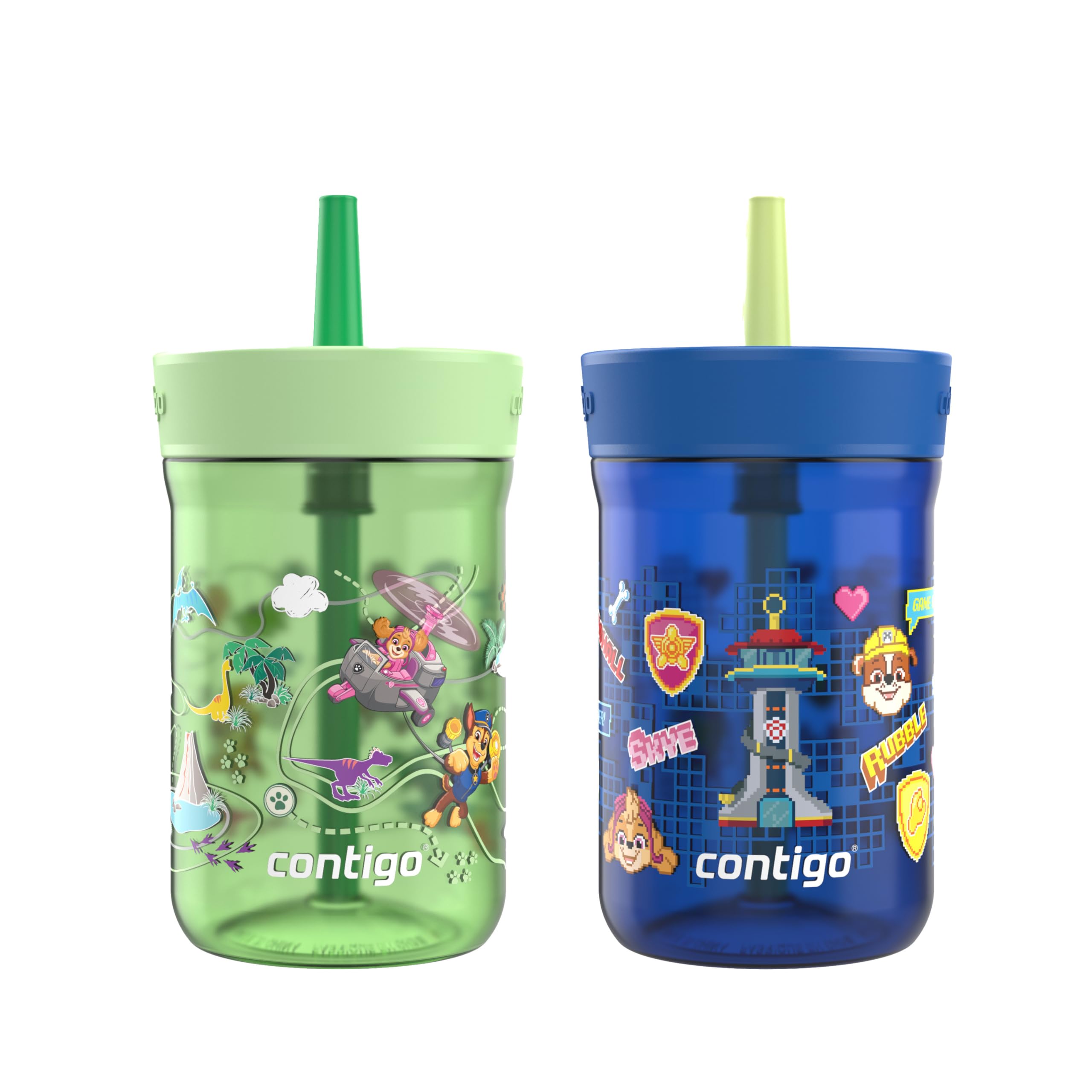 Contigo Kids Leighton Spill-Proof 2-Pack Paw Patrol Tumbler with Straw, 14oz, Power Pups and Dino Treks, Green and Blue