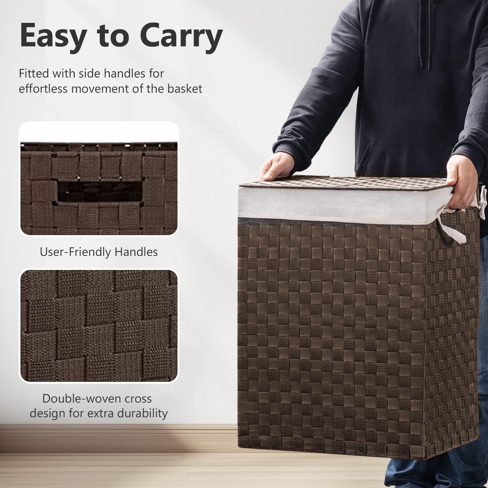 Laundry Hamper Basket with Lid by Fiona's magic  Handwoven Large Clothes Hamper with Removable Liner Bags  Collapsible Tall Hamper for Bedroom  Bathroom and Dorm Organizer  90L  Brown