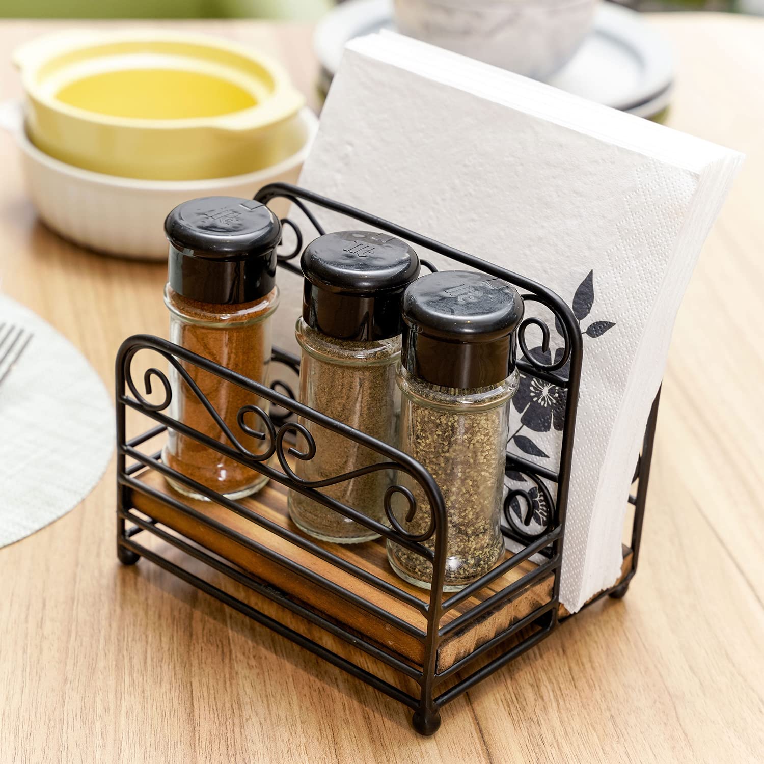 Mygift 2-In-1 Disposable Napkin And Salt & Pepper Caddy, Black Metal Vintage Scrollwork Dinner Table Paper Towel Condiment Holde