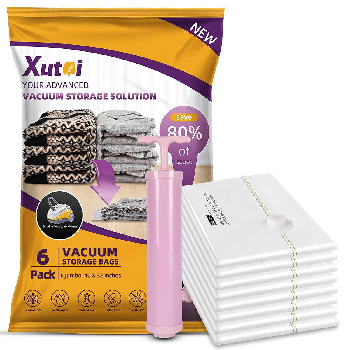 Xutai Vacuum Storage Bags  6 Jumbo Space Saver Bags Vacuum Storage Bags With Pump, 80% More Storage! Extra Large Storage Bags V