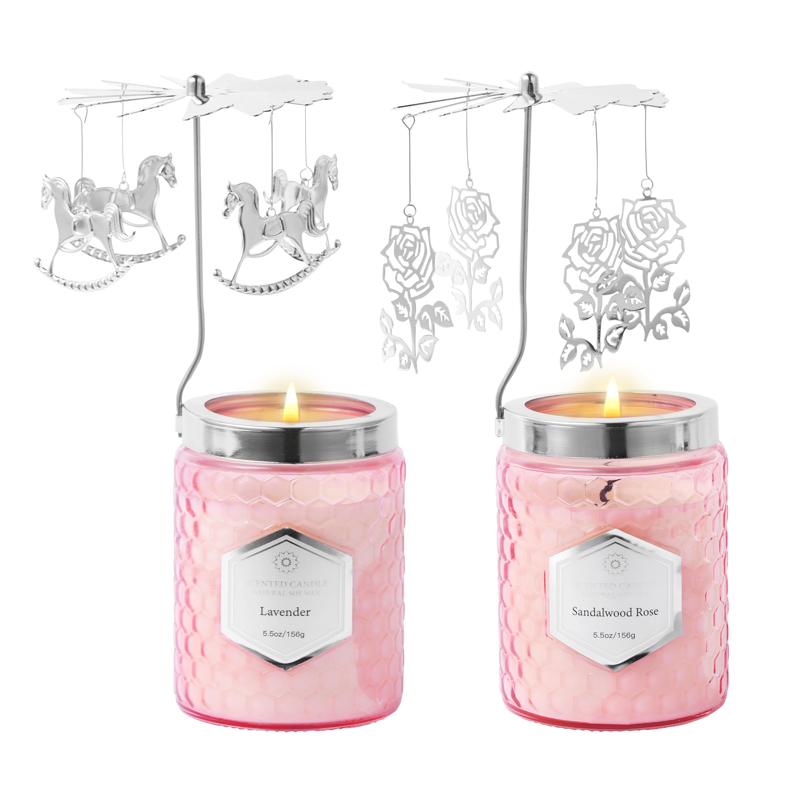Rotating Soy Wax Candle Gift Set for Women, 2 Pack Rose & Lavender Scented Candles with Carousel Holder, Long Lasting Aromathera