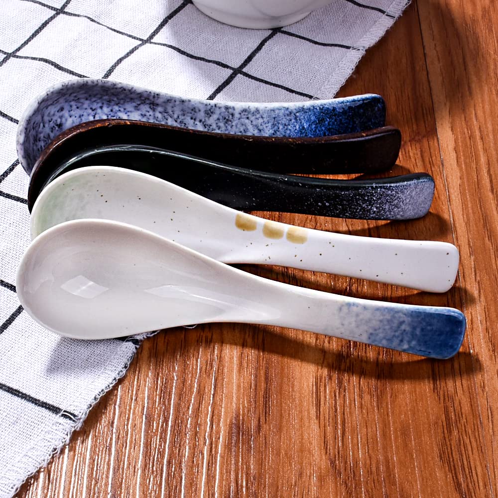 Whitenesser Japanese Soup Spoons Set Of 5 Asian Porcelain Soup Spoon For Ramen Wonton Pho Dumpling Dishwasher Safe