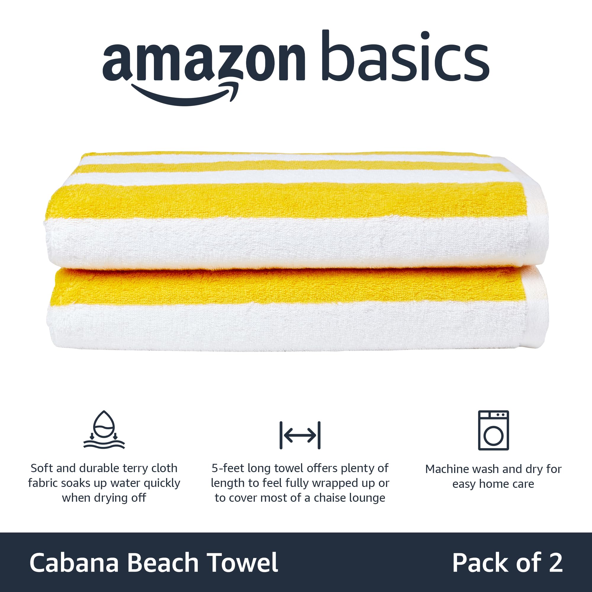 Amazon Basics 100% Cotton Terry Cabana Stripe Pool & Beach Towels, Soft & Absorbent, Large, 2-Pack, Yellow, 30 x 60