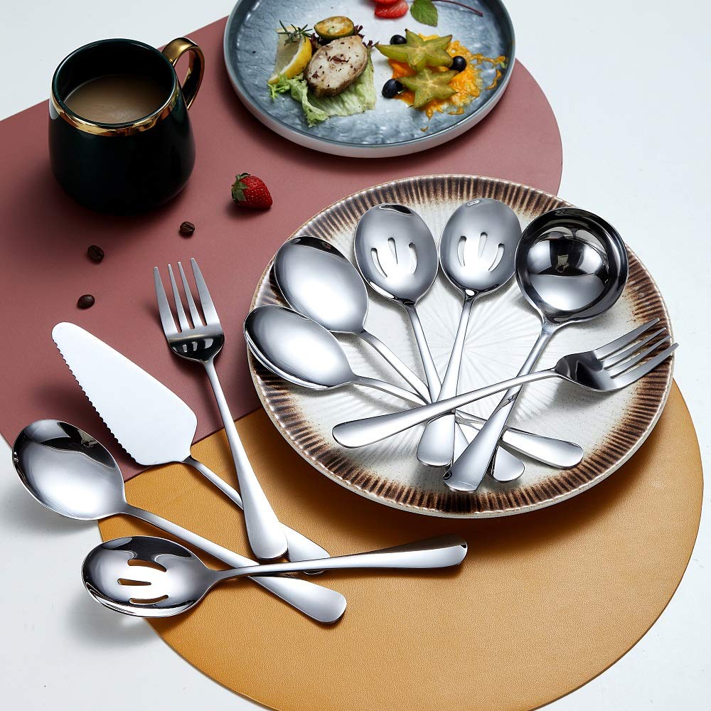 10-Piece Serving Flatware Silverware Set Stainless Steel Serving Utensil Set Include Slotted Serving Spoon  Serving Spoon  Cake Server  Serving Fork  Soup Ladle (Silver)