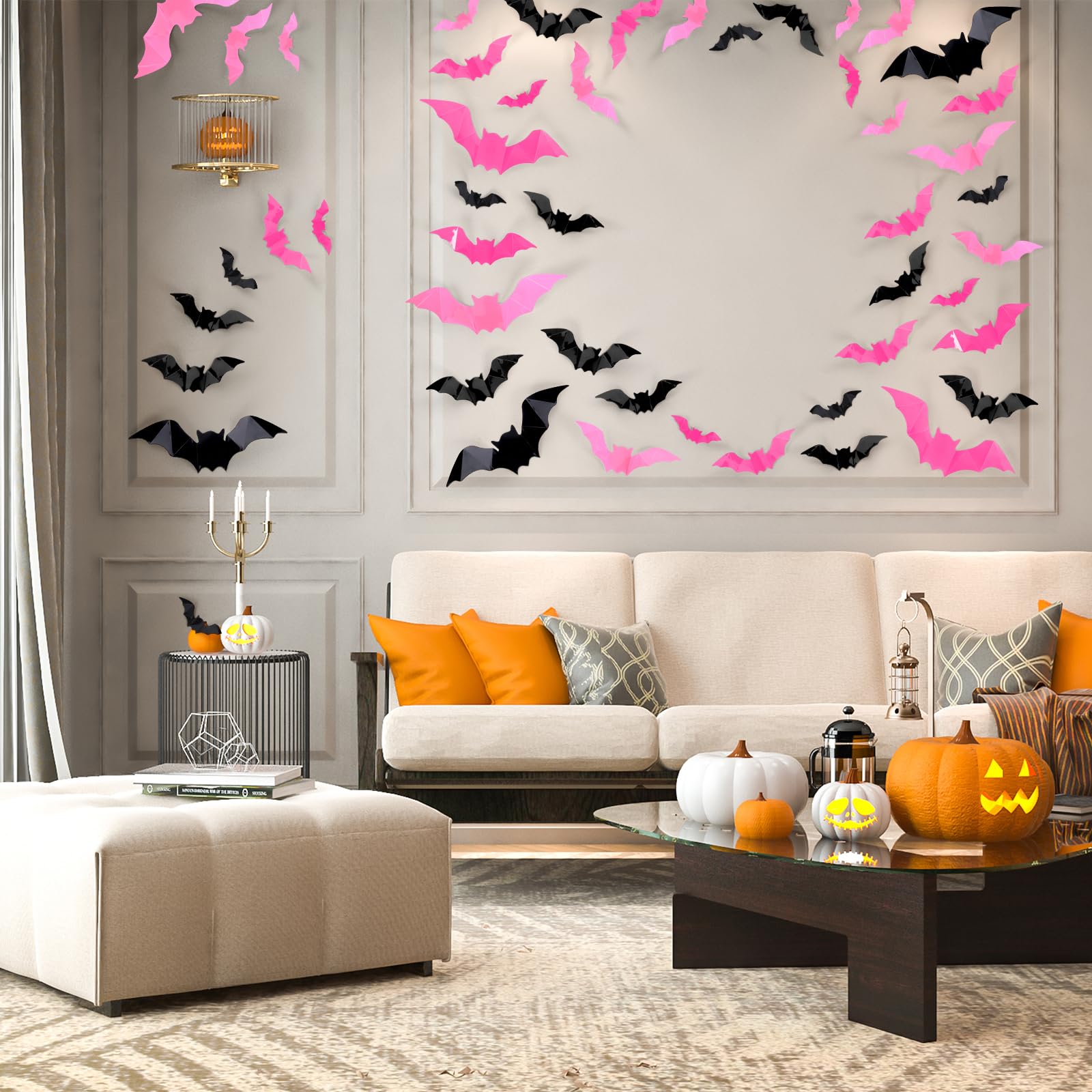 Whaline 112Pcs Halloween Wall Decoration 3D Bats With Foam Adhesive Black Pink Rose Red Waterproof Spooky Bats Stickers Hocus Po