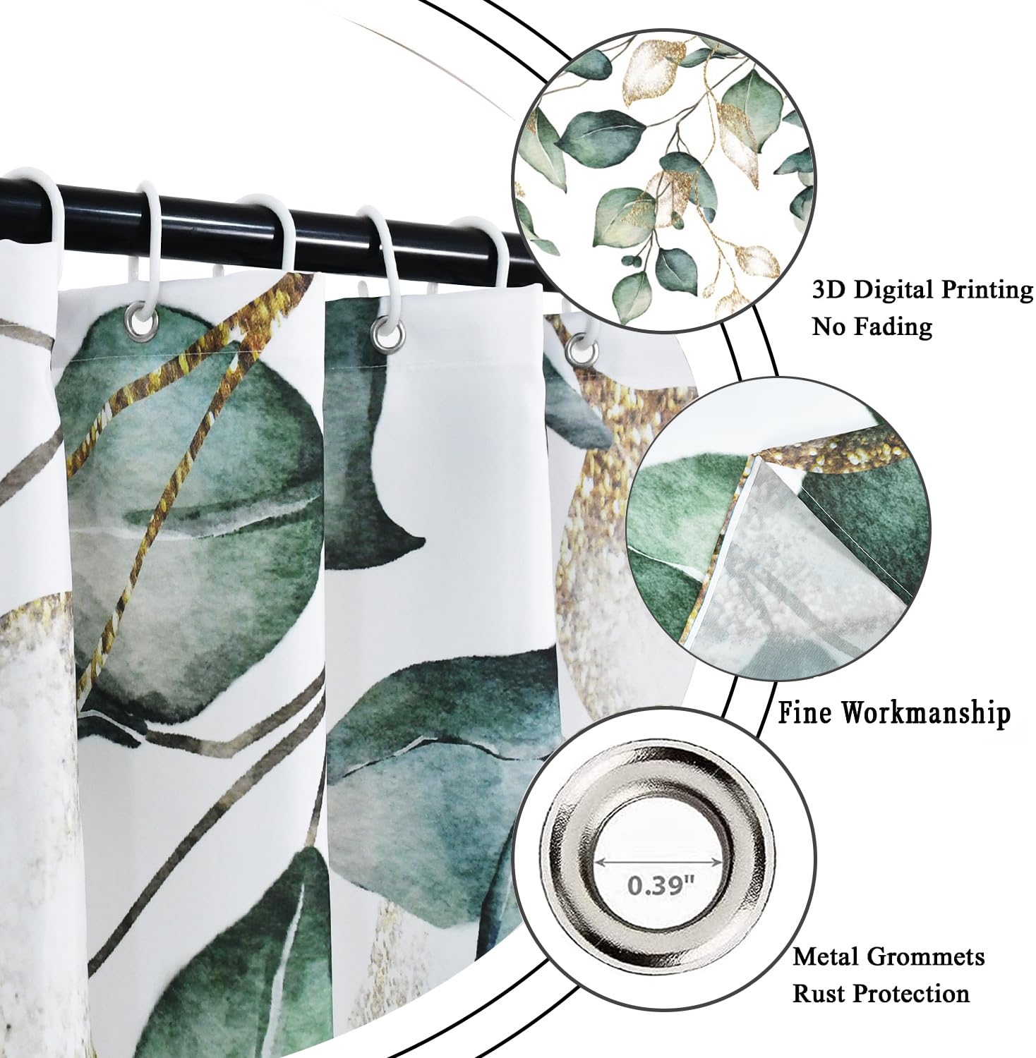 Caheansi Sage Green Leaf Shower Curtain, Green And Gold Eucalyptus Leaf Botanical Watercolor Plants Spring Bathroom Curtain Wate
