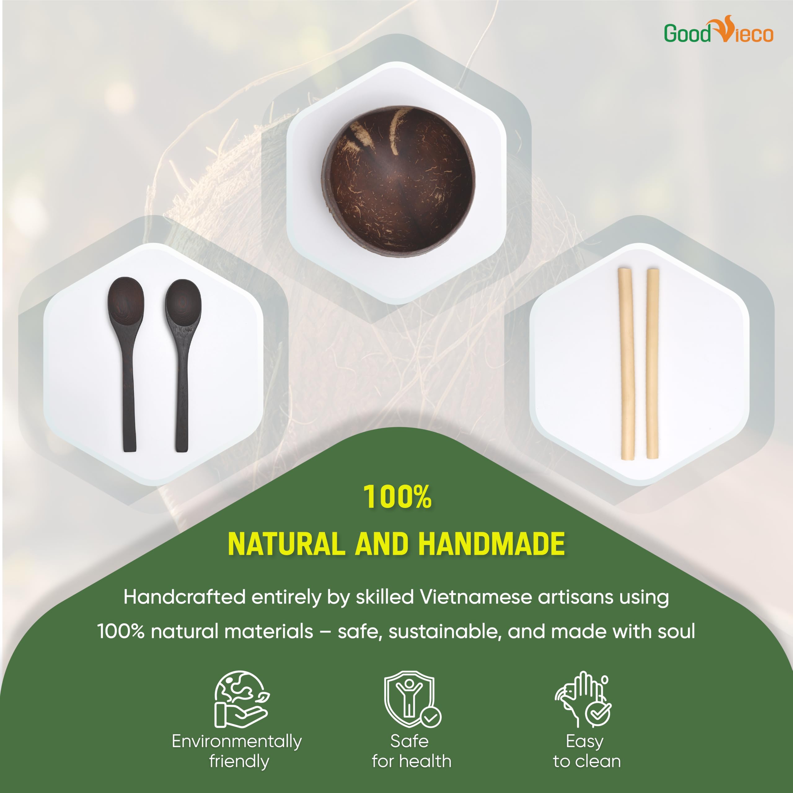 GoodVieco Coconut Bowl Set (4, Polished) - Natural Coconut Shell Bowls with Bamboo Straws & Wooden Spoons - Eco Friendly Gifts f
