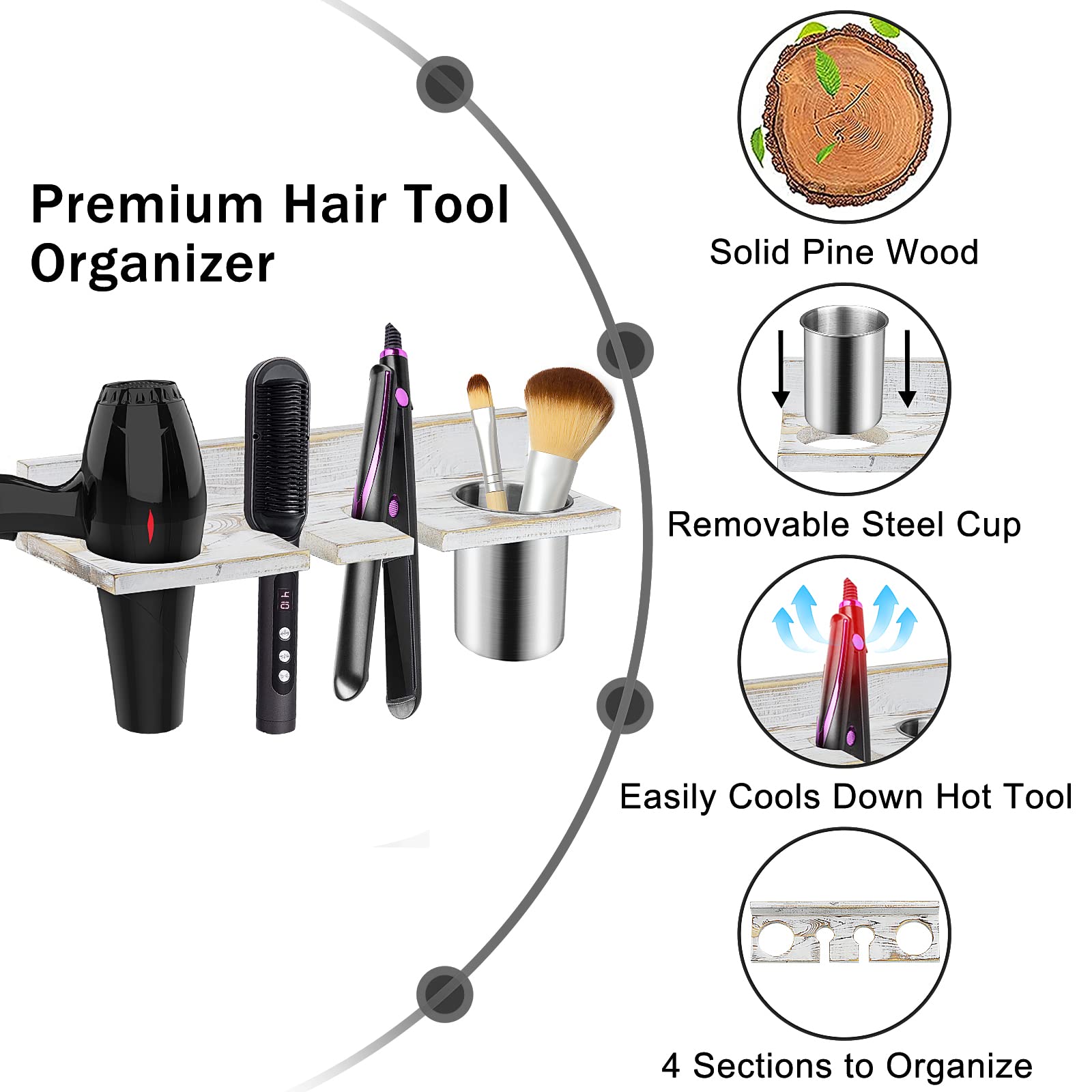 Hair Tool Organizer Wall Mounted, Sturdy Pine Wood Construction, Removable Stainless Steel Cup, Holds Hair Dryers, Straighteners