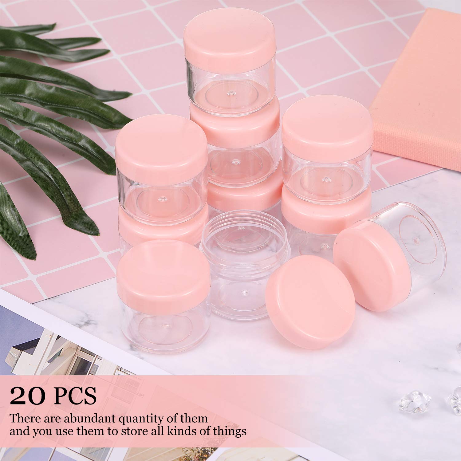 20 Pieces Round Pot Jars Plastic Cosmetic Containers Set With Lid For Liquid Creams Sample, 20 Ml/ 0.7 Oz (Pink Lid)