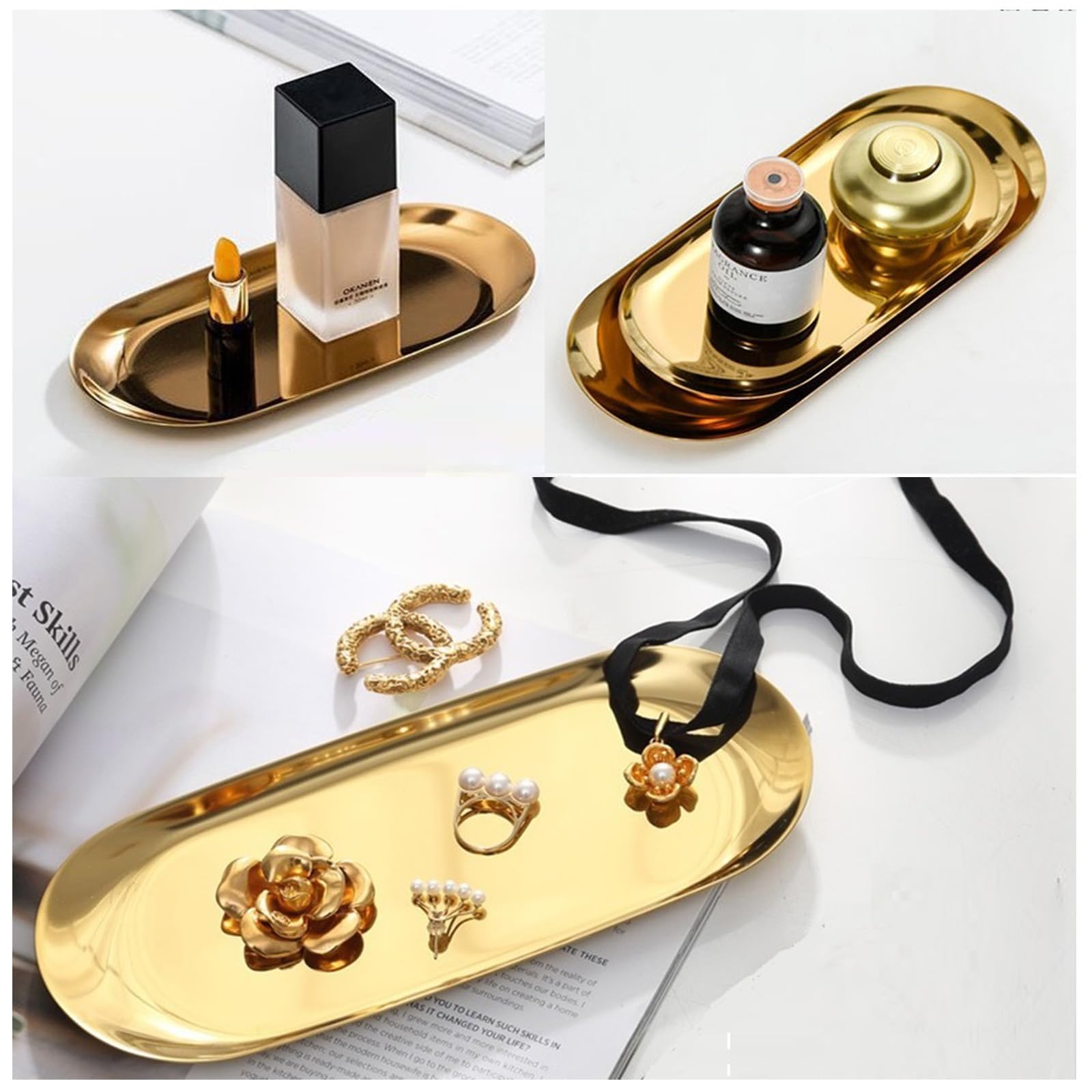 [2Pk ] Gold Tray - Gold Decorative Tray - Gold Serving Tray, Perfume Bathroom Jewelry Vanity Mirror Candle Trinket Towel Tray, S
