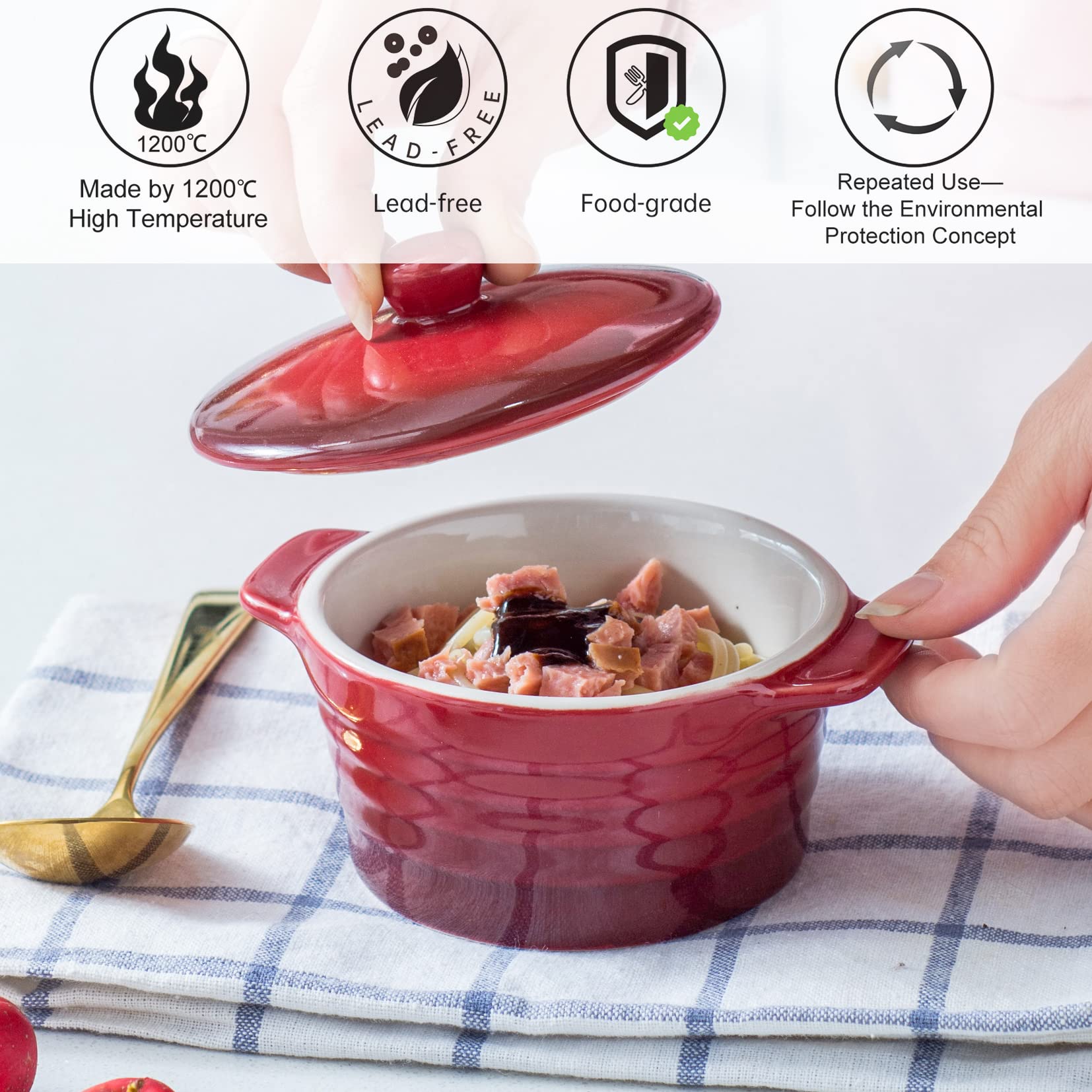 Unicasa 8 Oz Ceramic Ramekins With Lid, Mini Casserole Dish With Handles Set Of 4, Porcelain Small Baking Dish, Round Small Coco