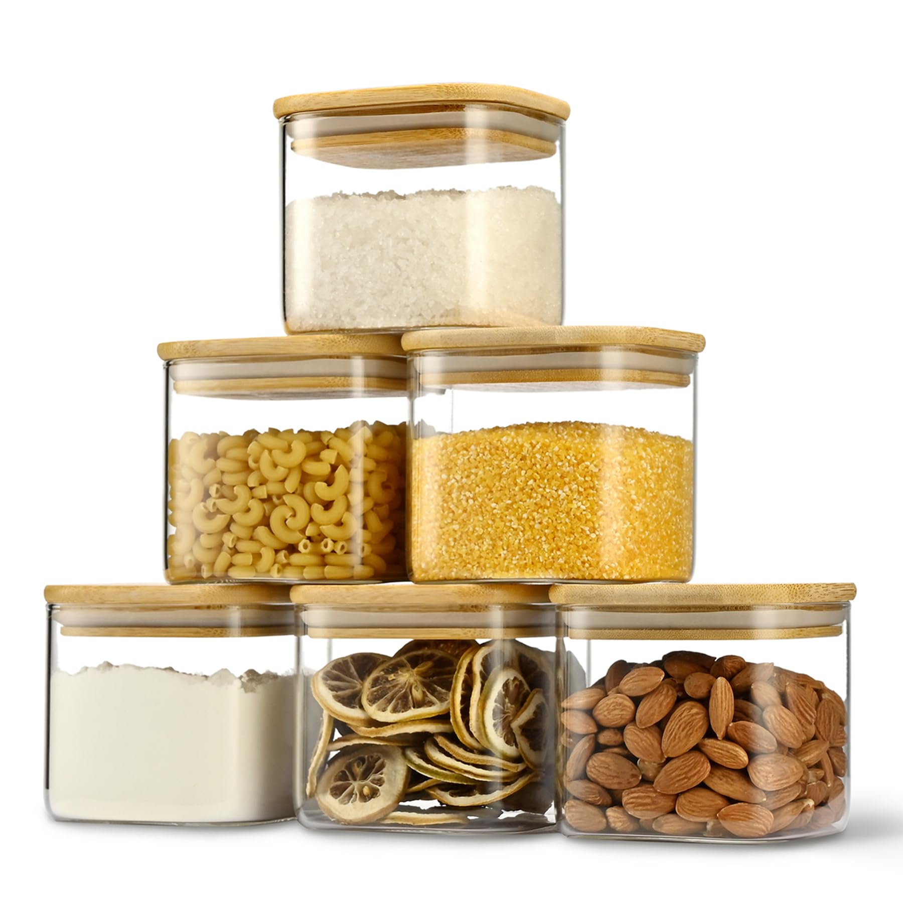 D2scrma 22oz Airtight Square Spice Containers with Bamboo Lid Set of 6 (650ml) Kitchen Pantry Organization Jar Stackable Spice J