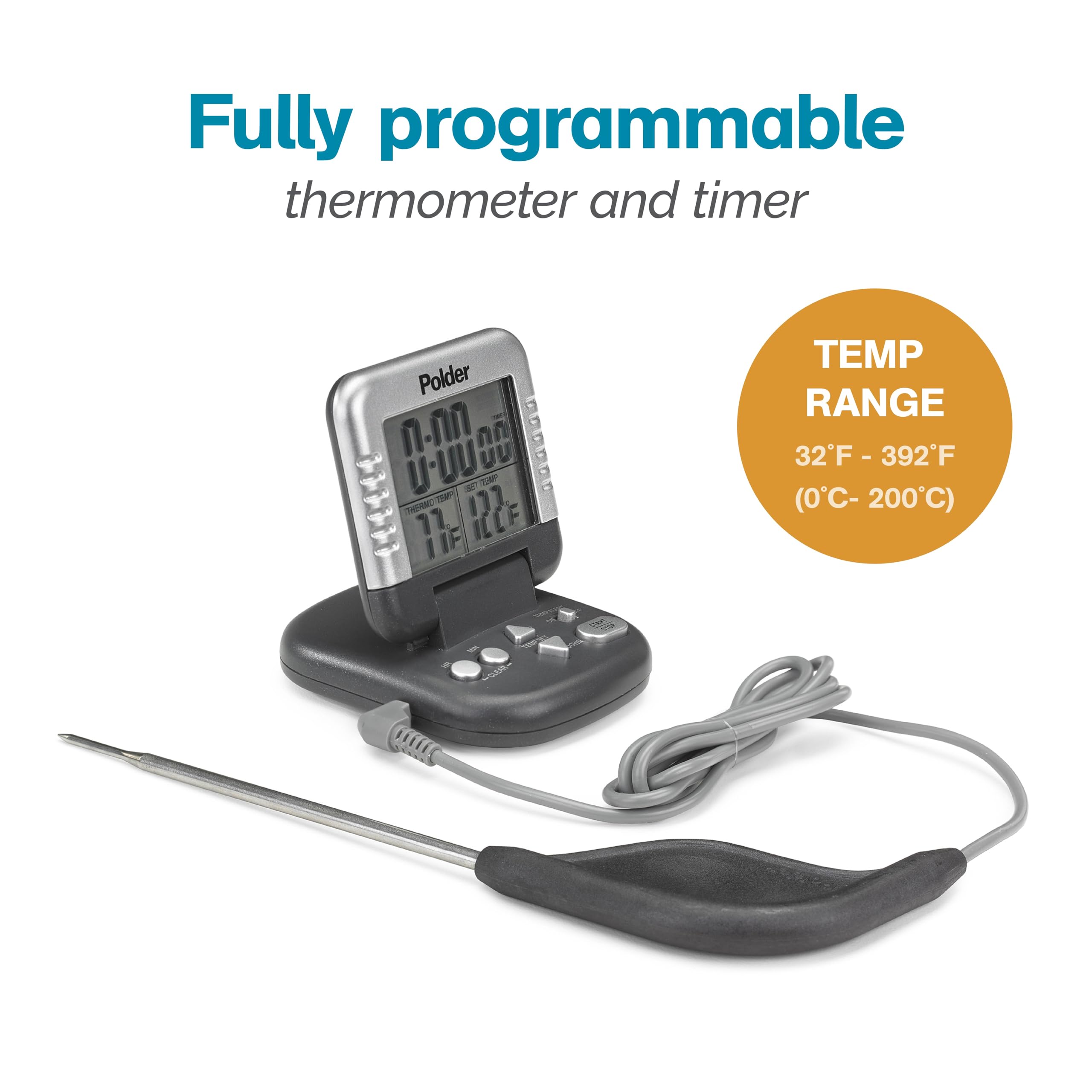 Polder Classic Digital Thermometer and Timer, Stainless Steel Probe, 24-Hour Countdown, Graphite, Model THM-362-86