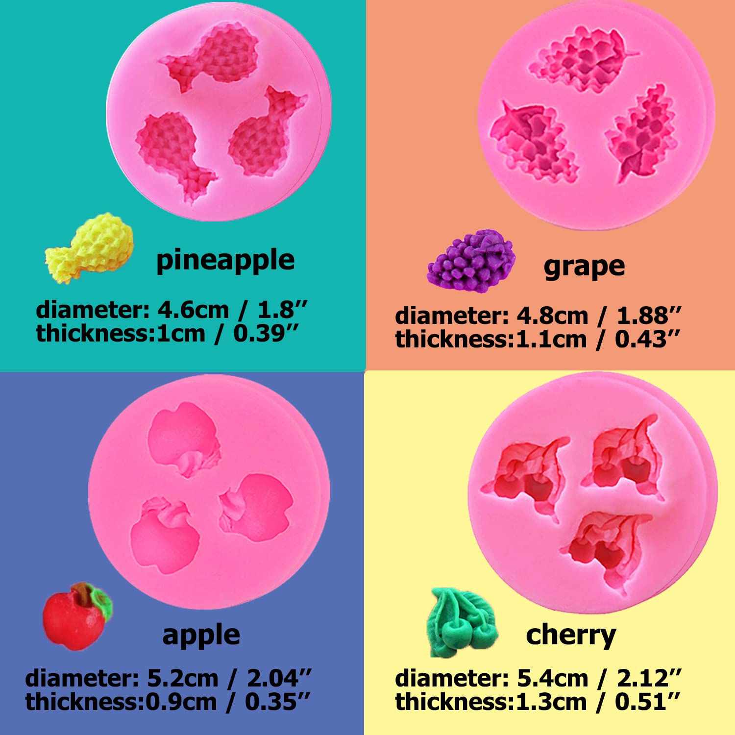 10 Pcs Fruit Shaped Jelly Molds Fondant Molds, 3D Mini Chocolate Mold Candy Mold Candle Mold Pineapple Strawberry Orange Blueber