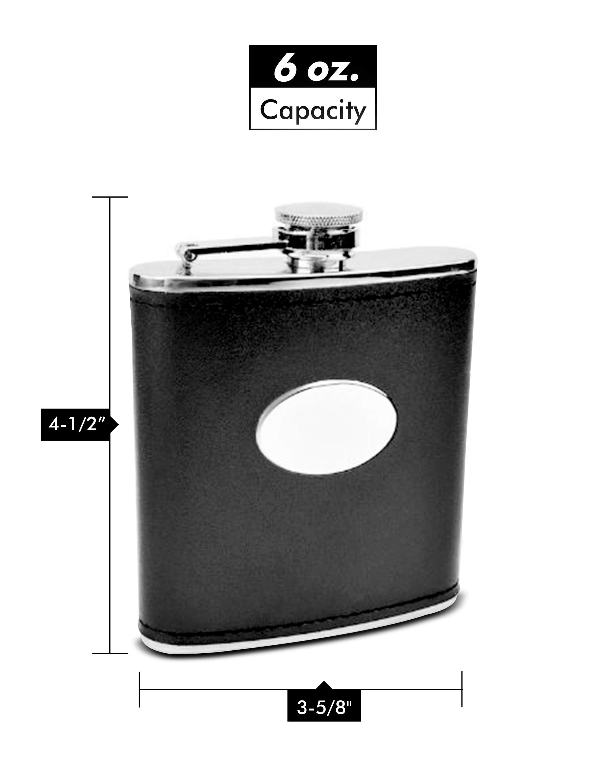 Genuine Faux Leather Hip Flask Holding 6 Oz - Pocket Size Stainless Steel Rustproof Screw-On Cap