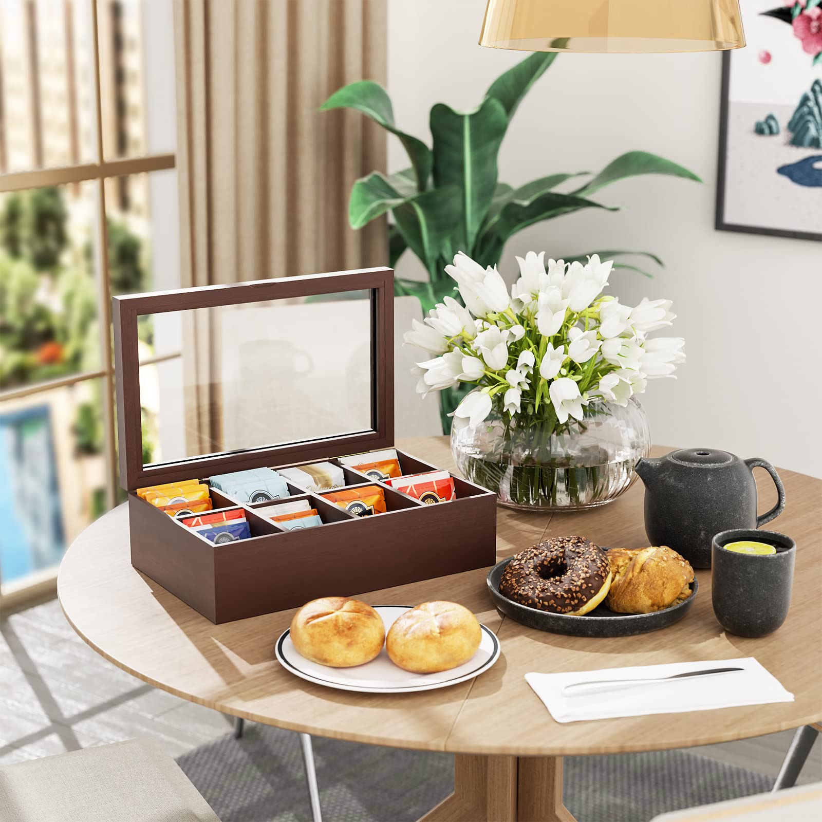 Alsonerbay Wooden Tea Box Tea Bag Holder Kitchen Storage Chest Box For Spice Pouches And Sugar Packets With 8 Compartments And G