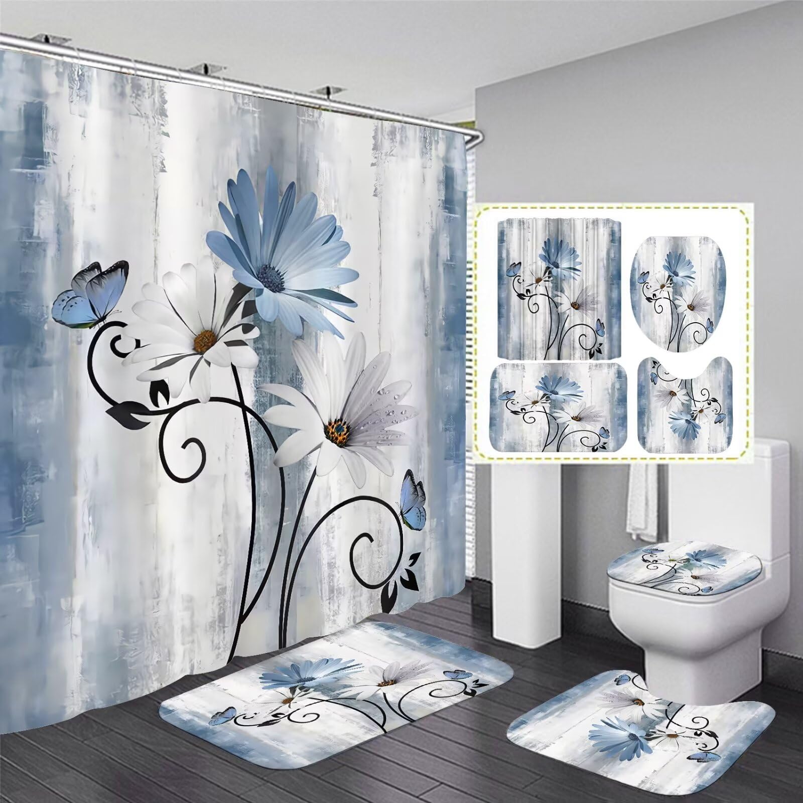 Azhm Blue Daisy Flower Shower Curtain Set 4Pcs Rustic Farmhouse Bathroom Decor Set With Shower Curtain And Rugs And Accessories